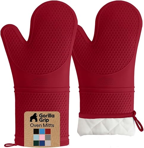 Vista 18 de GORILLA GRIP - Juego de guantes de horno de silicona suave sin BPA, guantes de cocina resistentes al calor e impermeables, forro de algodón grueso