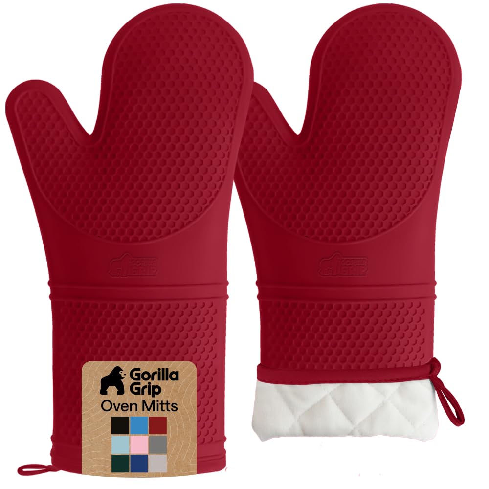 GORILLA GRIP Silicone Oven Mitts, 550F Heat Resistant, 14.5x8.3, Red