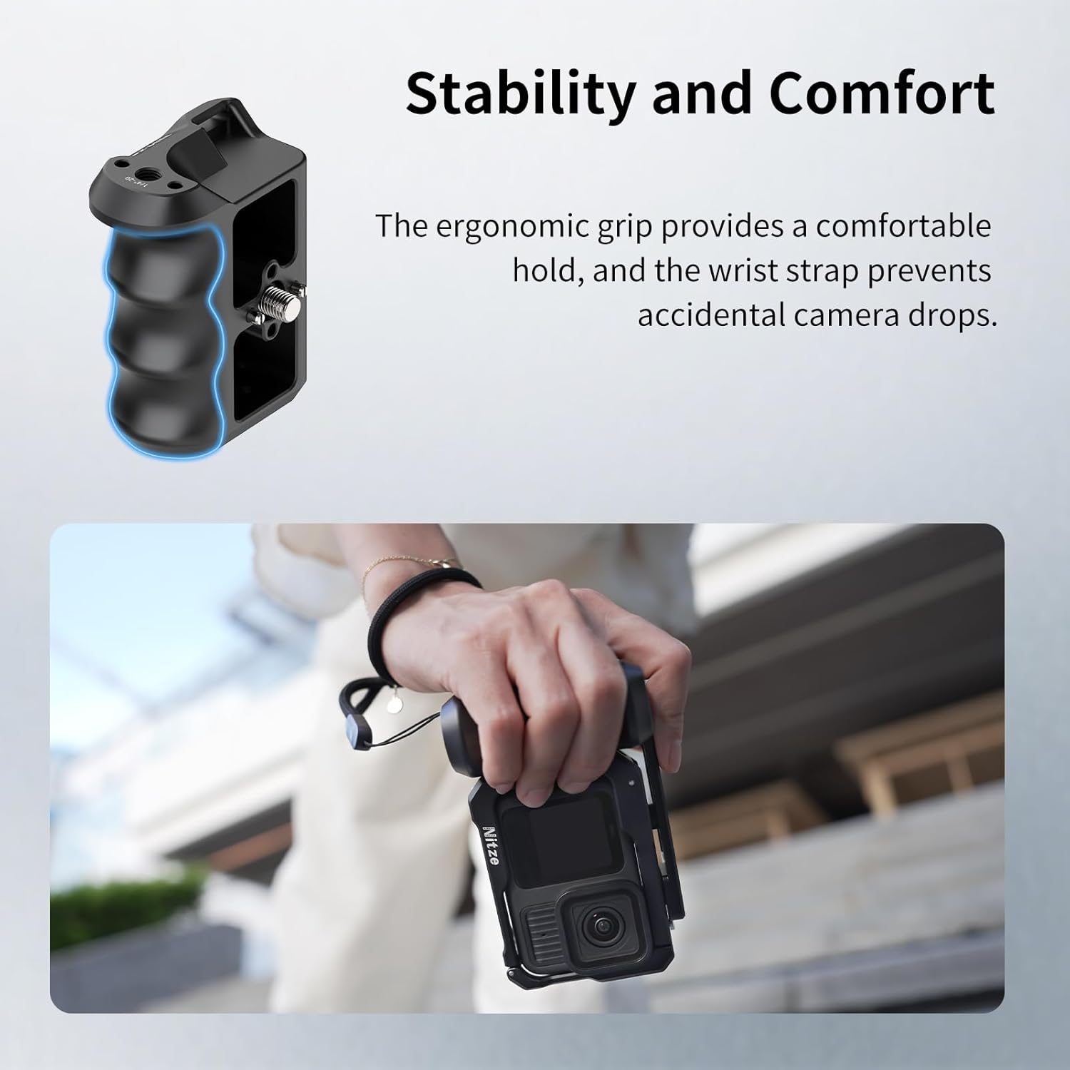 Nitze Street Snap Grip Kit for GoPro Hero 13/12/11/10/9 Black, Metal Xplorer Grip Kit with Cage, Ergonomic Street Handle, Wrist Strap and Cold Shoe Shutter Button - T-GP03B