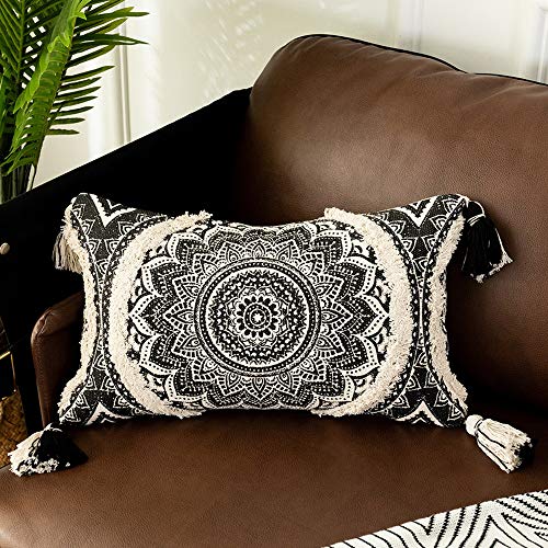 OJIA Farmhouse Mandala Lumbar Throw Pillow Cover, Decorative Black and Cream Pillowcase Neutral Tufted with Tassels Bohemia Accent Cushion Cover for Couch Sofa Living Room Decor (12x20 Inch, Mandala)