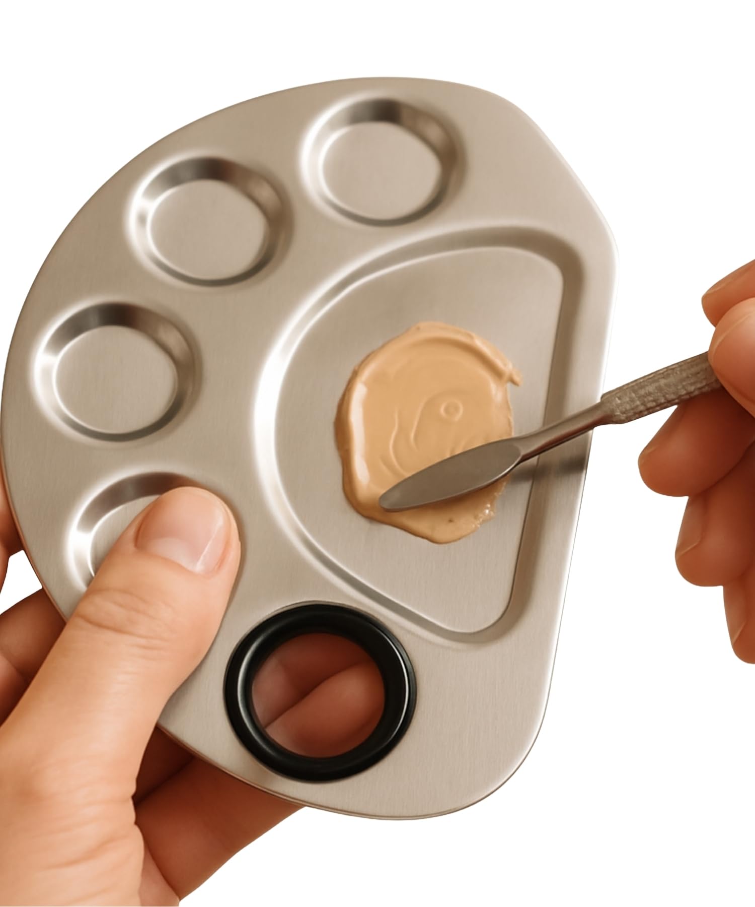 Placa de Aço Inox para Maquiagem Profissional, Paleta Misturadora com Espátula, Semi-Circular, 6 Compartimentos para Cosméticos