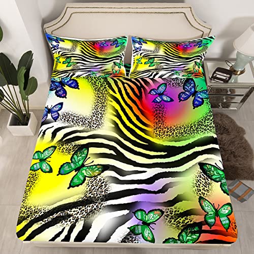 Black White Leopard Pattern Fitted Sheet Purple Butterflies King Size Sheets Zebra Striped Sheet & Pillowcase Sets Geometric Line Bed Sheets African Safari Animal Sheet Set For Men Woman Bedroom Decor #TOP3