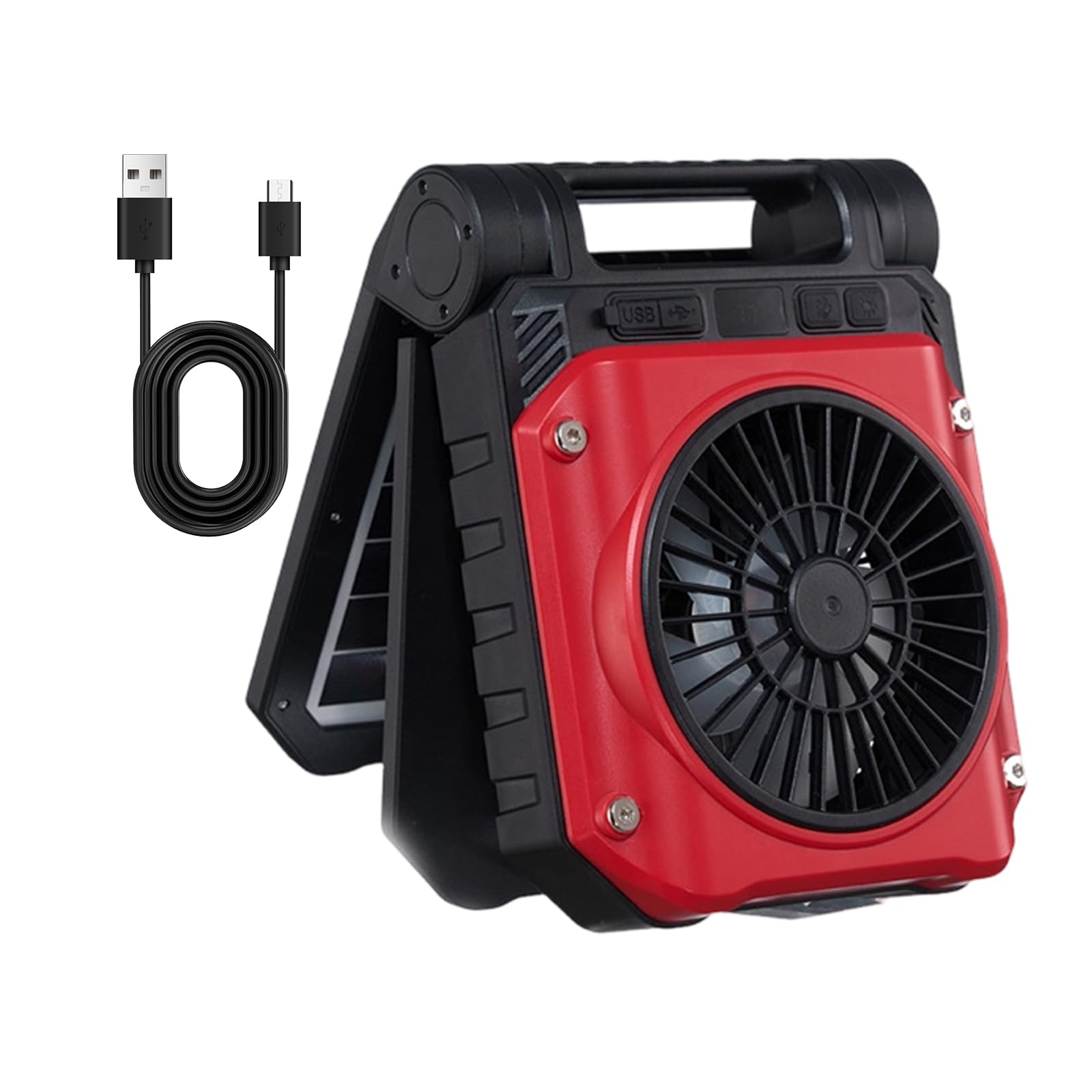 Ventilador solar portátil para acampar con luz LED y recarga por USB