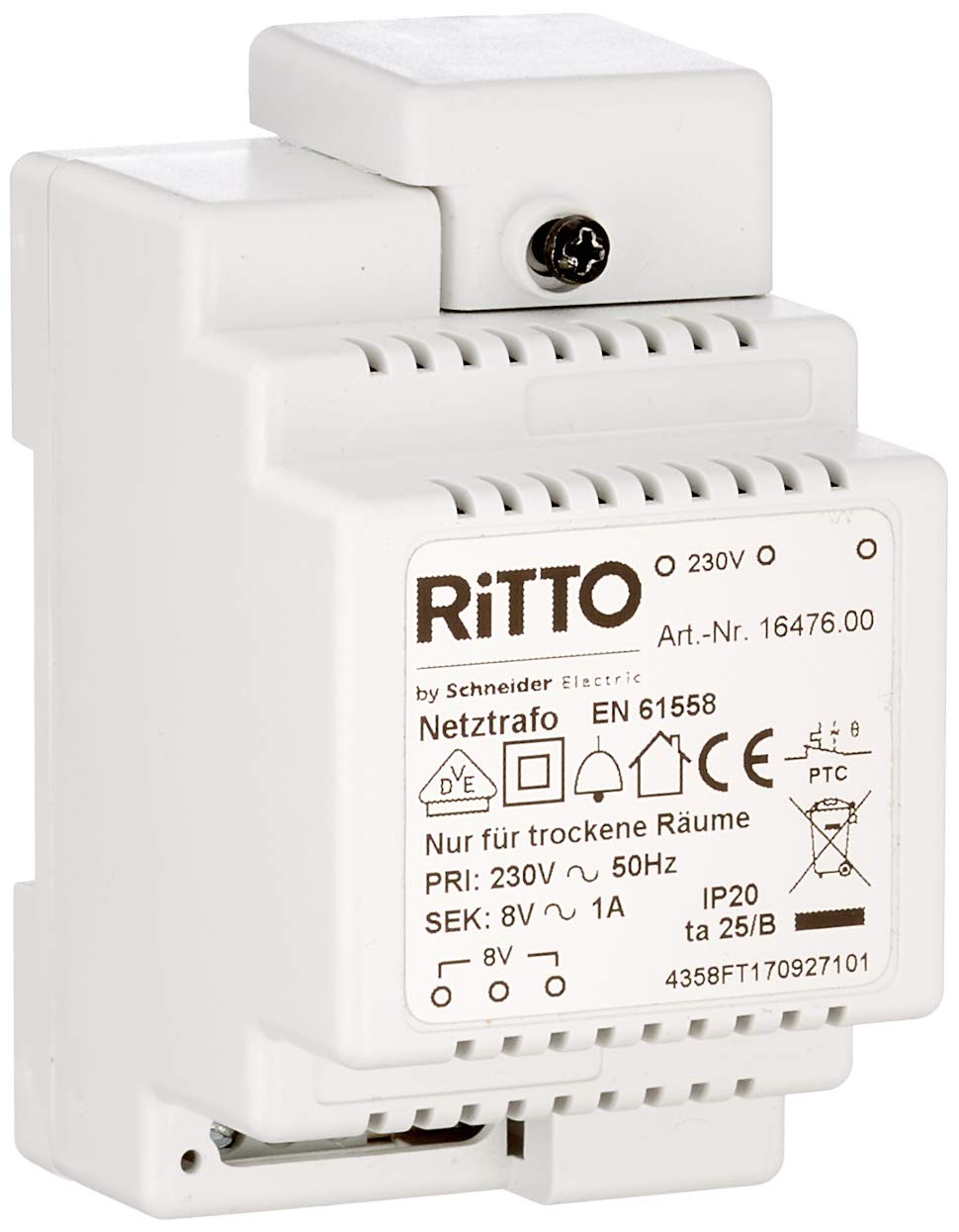 Schneider Electric Ritto Transformateur REG, transformateur de sonnette, 8 V - 230 V AC, référence 1647600