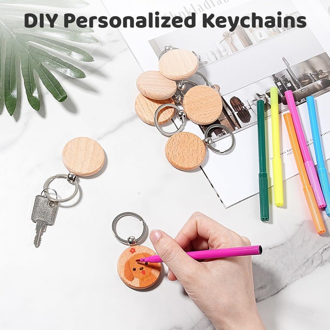 50 Pieces Wooden Keychain Blanks for Crafting, Customizable Round Wood Keyrings for DIY Projects, Christmas Ornaments, Pet Tags, Bag Charms