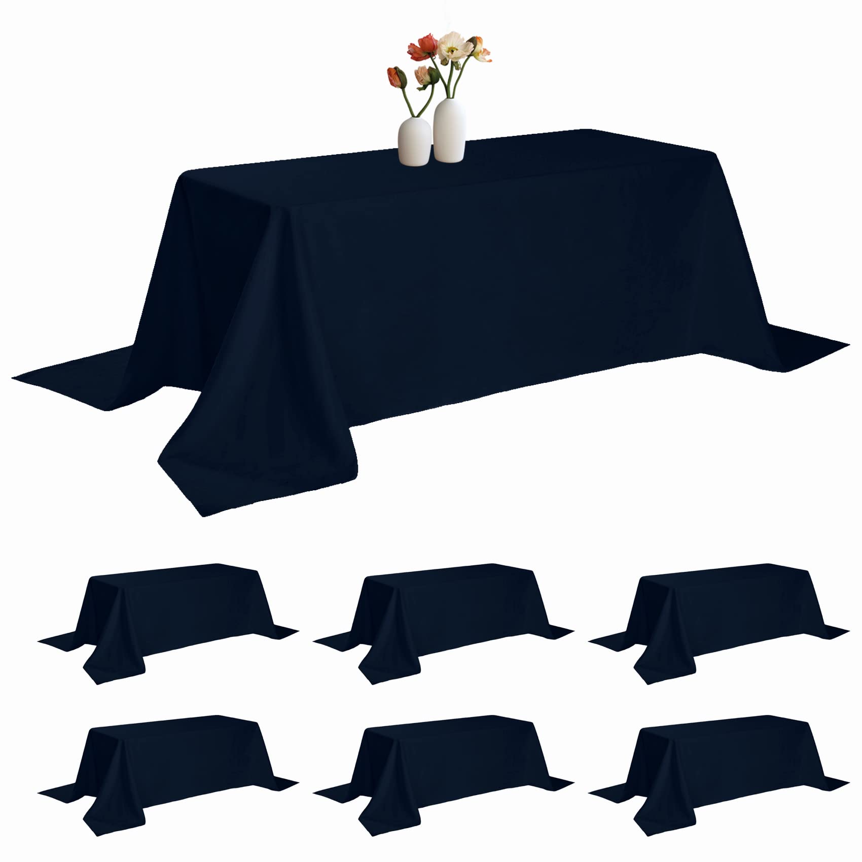 Paquete de 6 manteles rectangulares de 90 x 132 pulgadas, color azul marino, resistentes a las manchas y arrugas, tela de poliéster lavable, para decoración de fiestas, bodas y banquetes