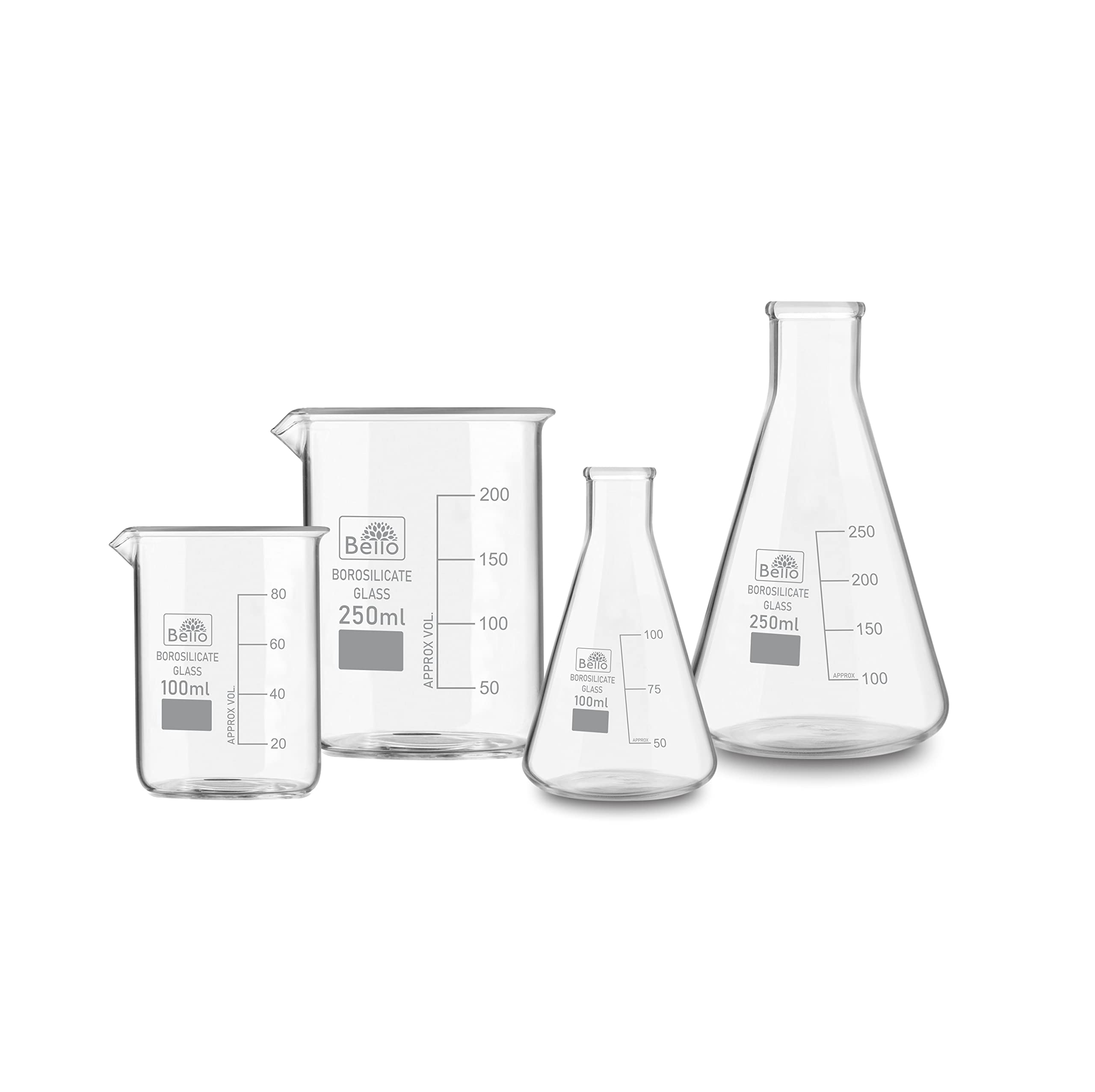 Bello Borosilicate 3.3 Glass Beakers - 100 ml, 250 ml and Conical - 100 ml, 250 ml with & Graduation Marks, Pack of 4 for school collage chemistry lab laboratory
