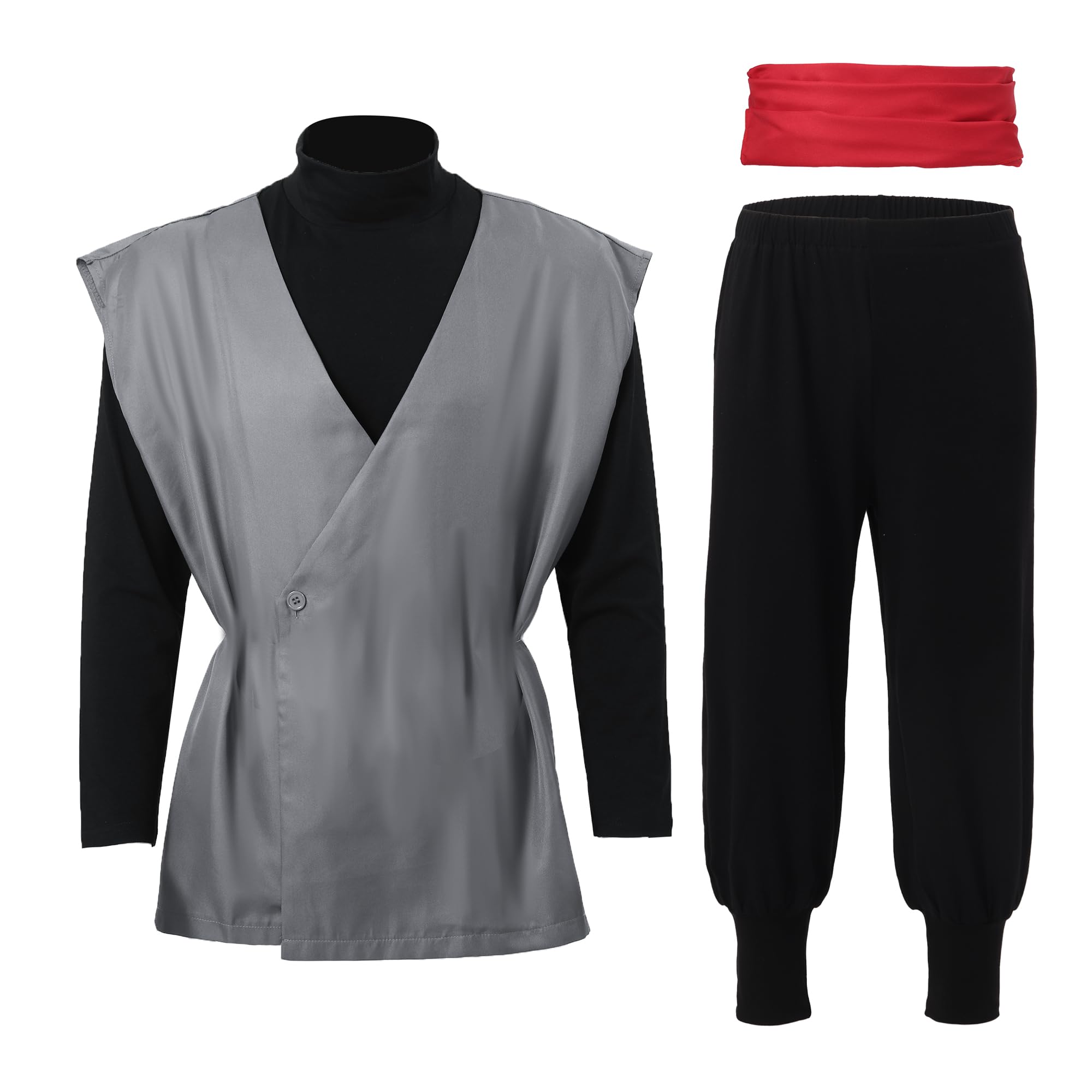C-ZOFEKMens Black Cosplay Anime Costume Kung Fu Suit with Red Belt Earring