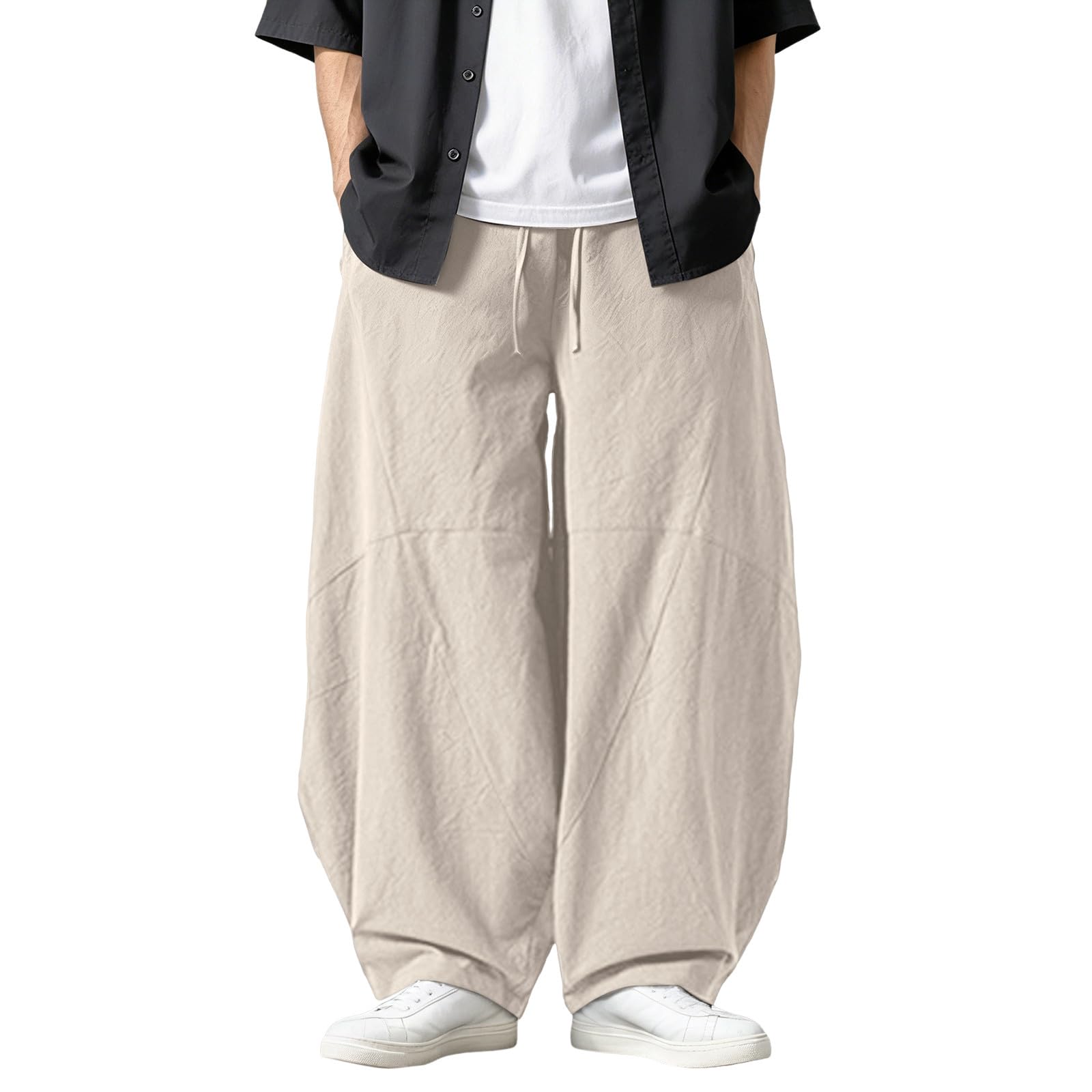 Generisch Herren-Leinenhose, lässig, Strand, Urlaub, elastische Taille, Kordelzug, Sommer, gerade Beine, Hose mit Taschen, Sport, Dehnbarkeit Strandhose Casual Business & Freizeit - Bequeme Golfhose