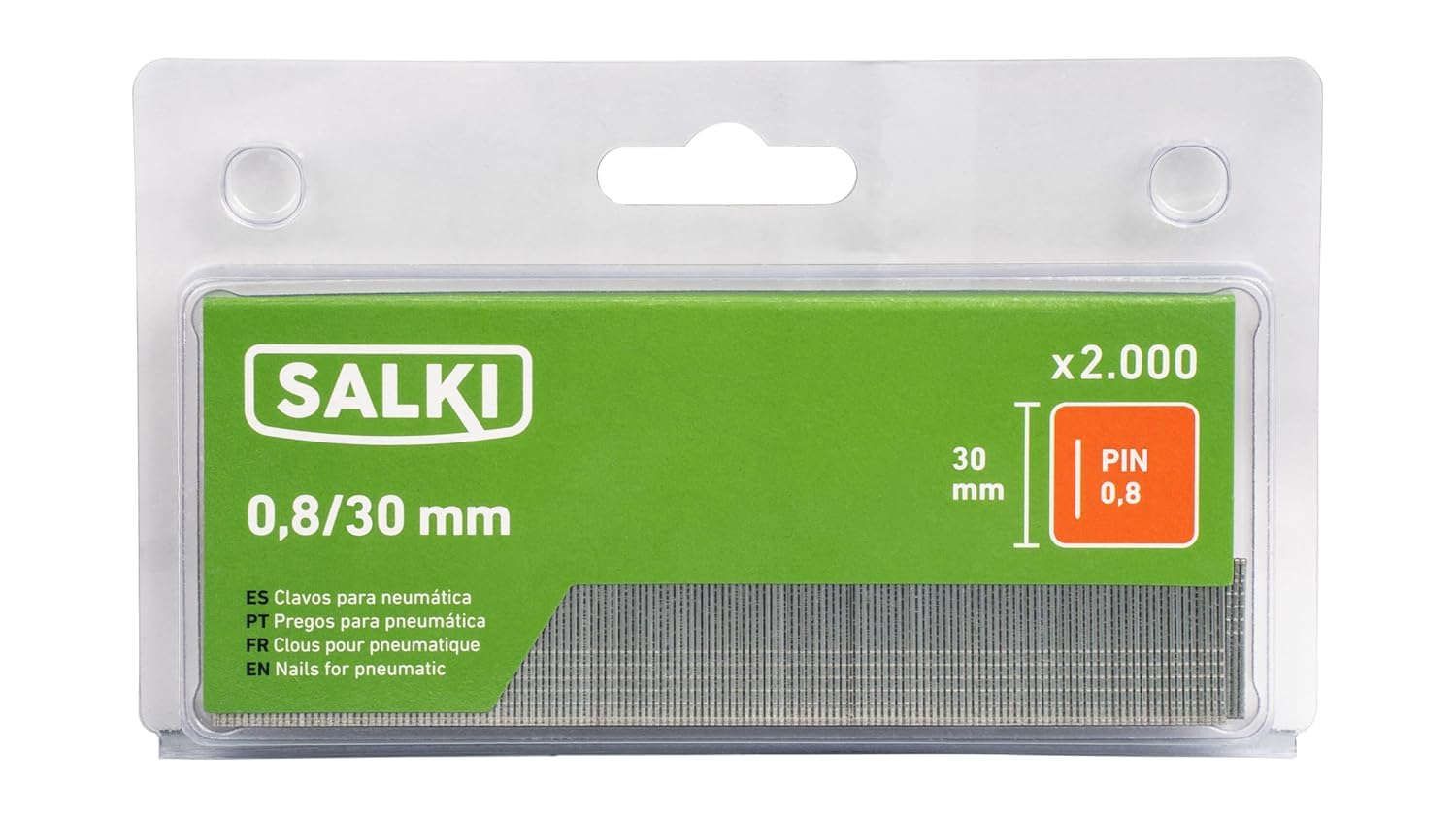 SALKI Chiodatrice ad aria compressa CSK PB08 + 2.000 pin 0,8 x 30 mm + 2.000 chiodi brad 0,8 x 30 mm | pistola per unghie ad aria compressa | morsetto per falegnameria e lavorazione del legno