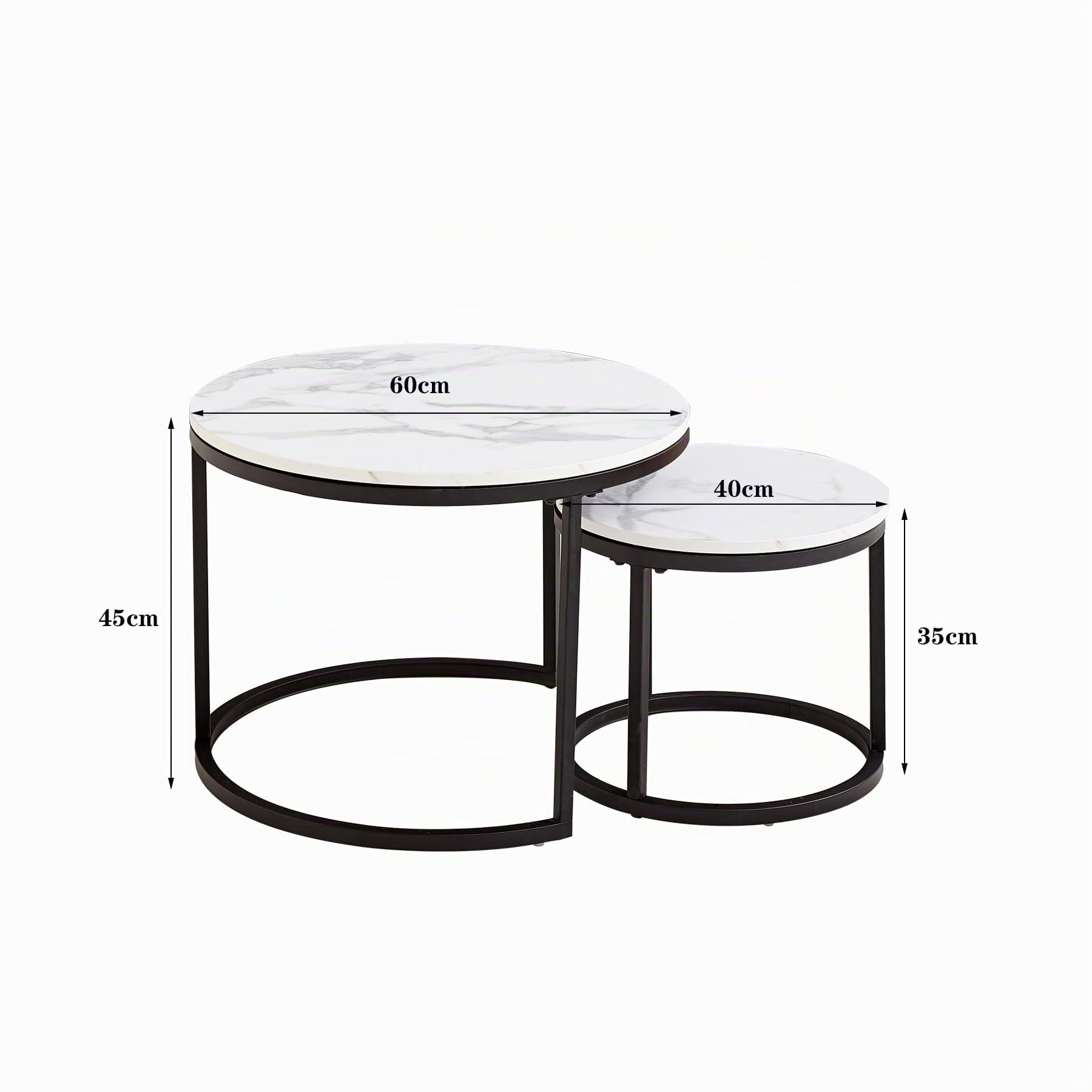 Juego de 2 Mesa Nido Salon, Mesa Nido Pequeña para Salón o Comedor Oficina, Aspecto de Imitacion Mármol Blanco, Grande: 60 * 60 * 45cm, pequeña: 40 * 40 * 35cm (Blanco/Negro)