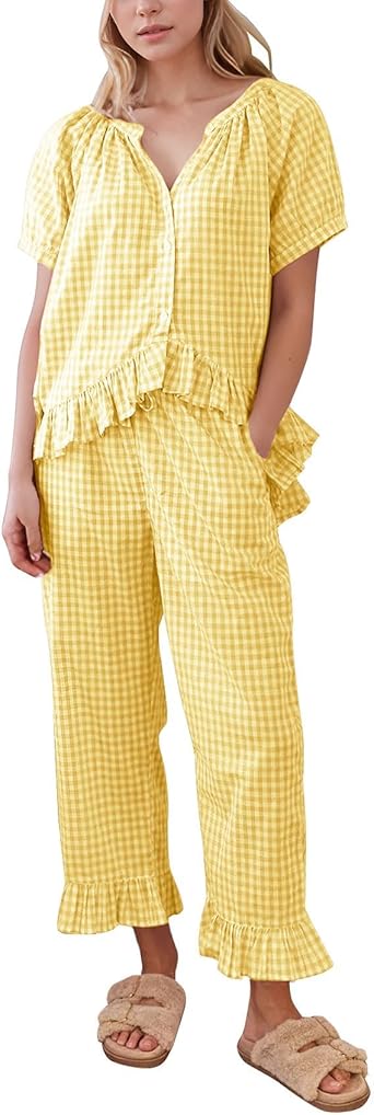 Flygo Womens Plaid 2 Piece Pajamas Sets Gingham Button Down Puff Sleeve Babydoll Shirt Ruffle Pants Y2K Pjs Lounge Set