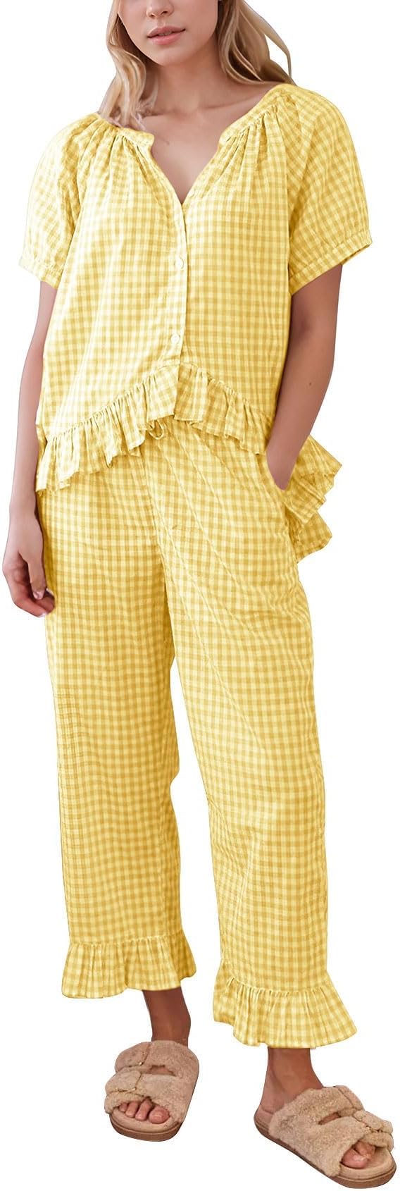 Flygo Womens Plaid 2 Piece Pajamas Sets Gingham Button Down Puff Sleeve Babydoll Shirt Ruffle Pants Y2K Pjs Lounge Set