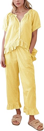 Flygo Womens Plaid 2 Piece Pajamas Sets Gingham Button Down Puff Sleeve Babydoll Shirt Ruffle Pants Y2K Pjs Lounge Set