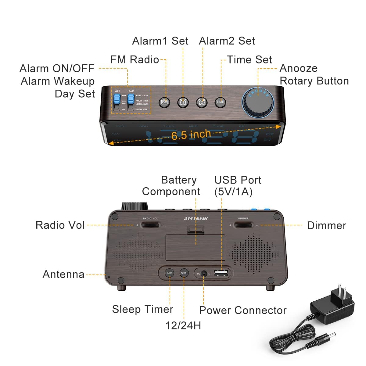 ANJANK Digitaler Radiowecker - 0-100% Dimmbares,Doppelwecker mit Wochentags/Wochenend, USB-Ladegerät,Einfache Einstellung,Netzbetrieb mit Batterie-Backup,Großes Display,Sehr Gut Lesbar Im Ganzen Raum
