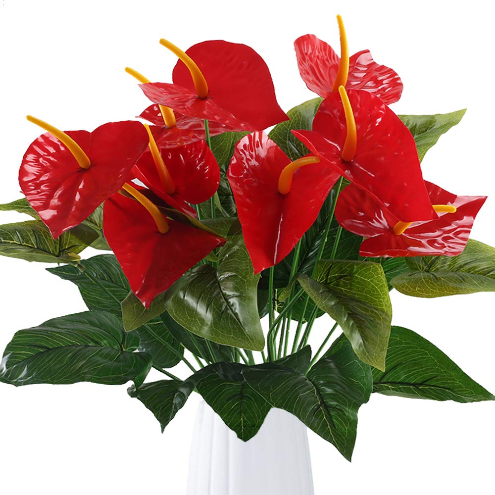 GTIDEA Anthurium Red Flamingo Flower Artificial Fake Outdoor Plant Bushes Silk Floral Arrangements Home Kitchen Bedroom Christmas Decor Pack of 2