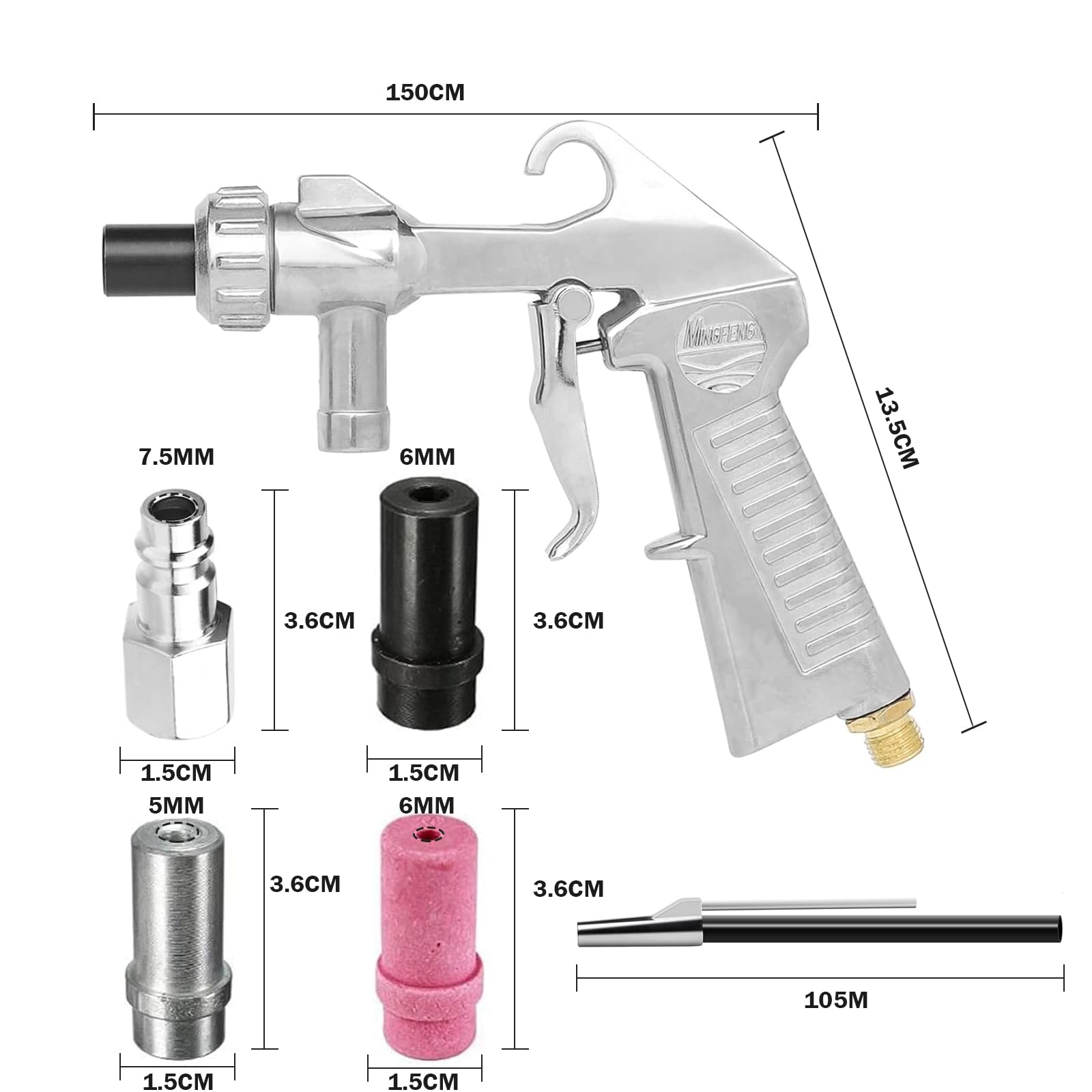 Pistola per sabbiatura ad aria compressa, con ugelli di diverso calibro, pistola sabbiatrice con tubo in gomma da 1 m, accessorio per sabbiatrice per progetti professionali e fai da te