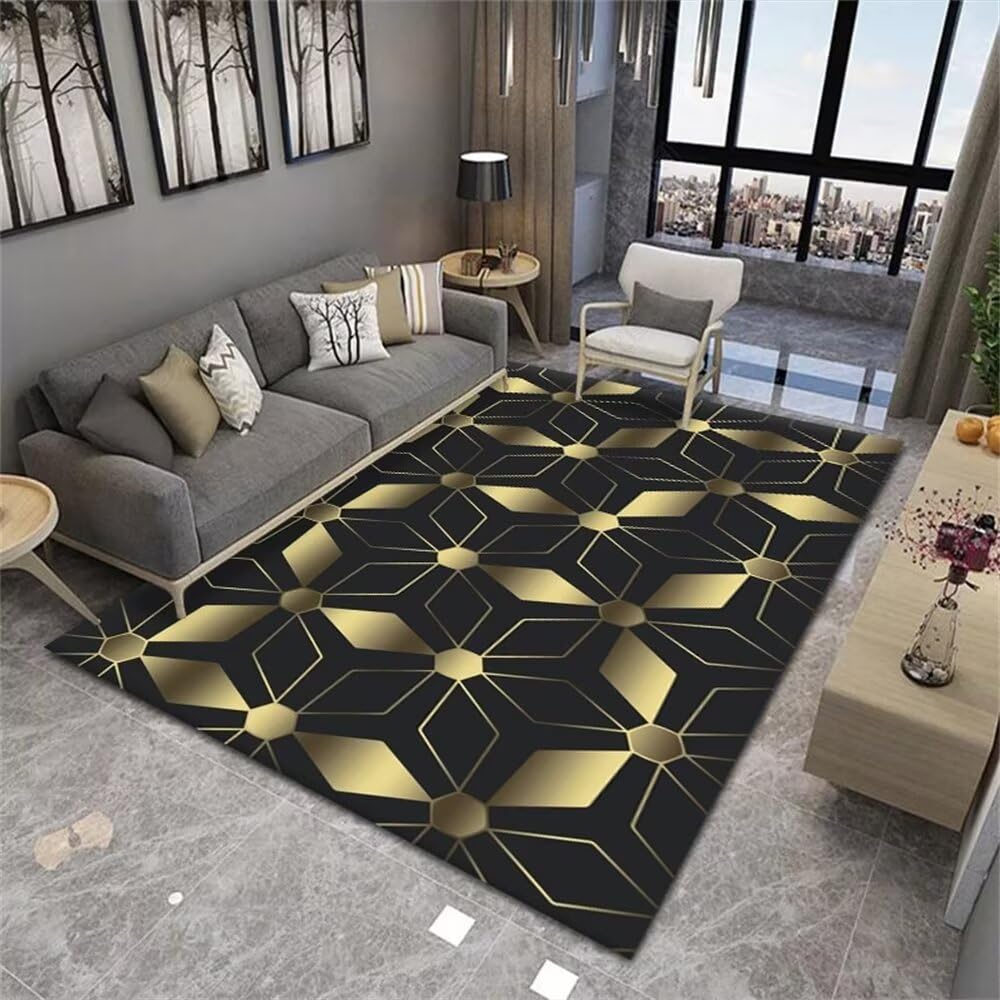 Tapis de salon grande taille 160x220cm noir et jaune géométrique moderne