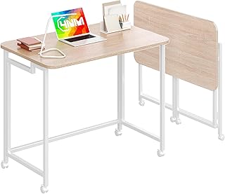 4NM 31.5" Mobile Small Rolling Computer Desk, Folding Laptop Cart Table with Wheels, Portable Office Desk for Small Space Couch Bed - Natural and White