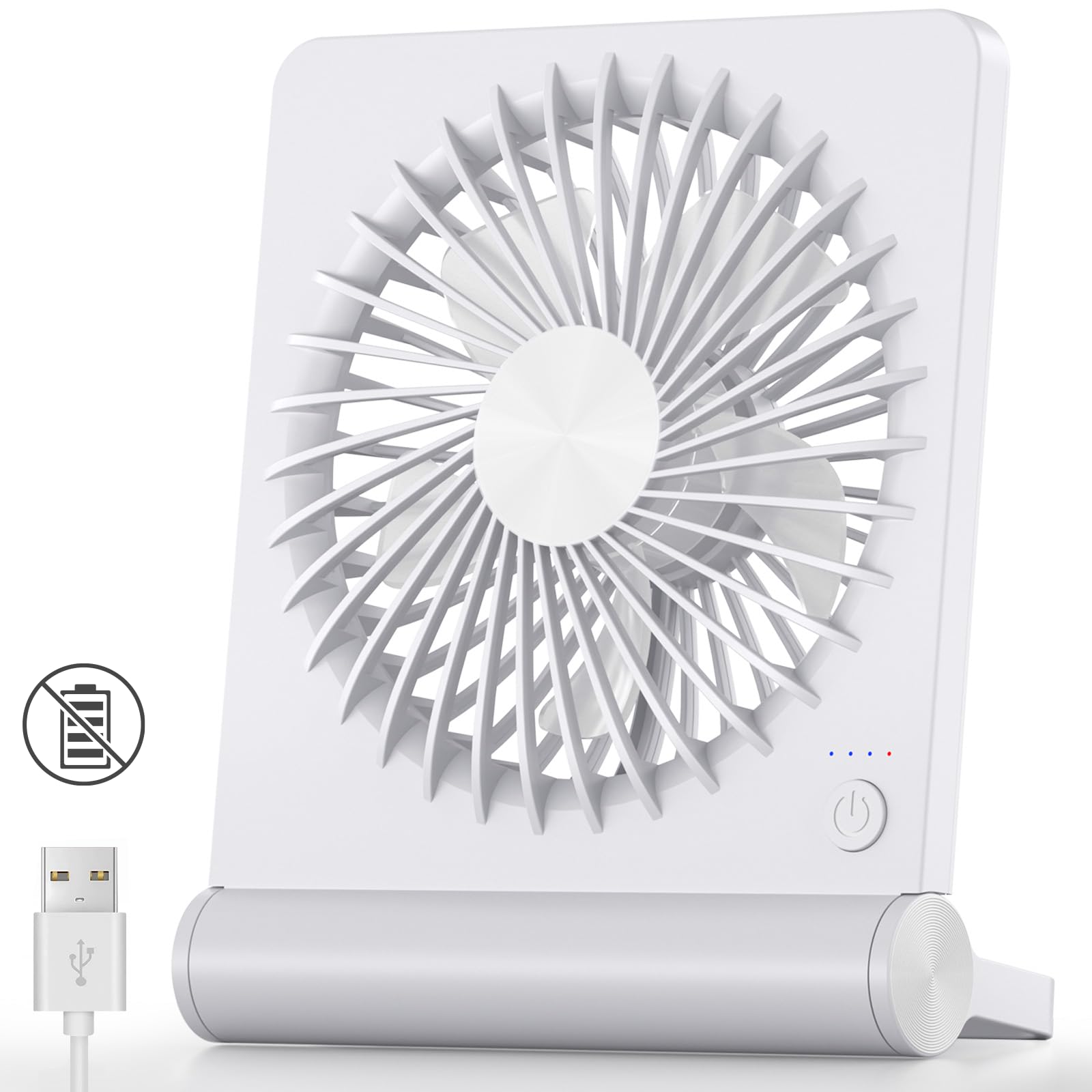 Koonie USB Fan, Strong Wind Ultra Quiet Small Desk Fan 220° Tilt Folding 3 Speeds Adjustable USB-C Powered Personal Fan for Home Office Desktop, White, NO BATTERY