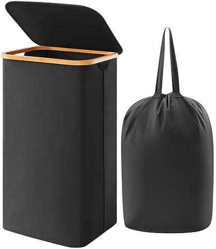 Lifewit 100L Laundry Basket with Lid, Clothes Hampers for Laundry with Bamboo Handles and A Removable Laundry Bag, Large Foldable Laundry Hamper for Bedroom, Bathroom, Dorm, Laundry Room, Black - Black - 100L