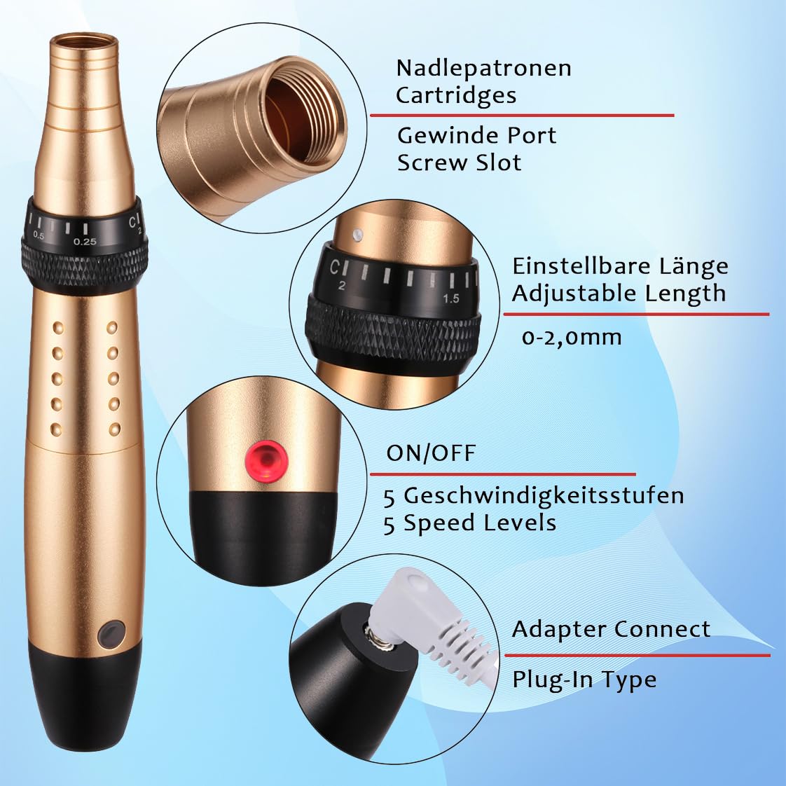 Derma Pen 5 Geschwindigkeitsstufen Mikronadelgerät einstellbare Länge Elektrisch Microneedling Pen Schönheit Pen mit 4 Patronen Mikronadel Stift (golden)