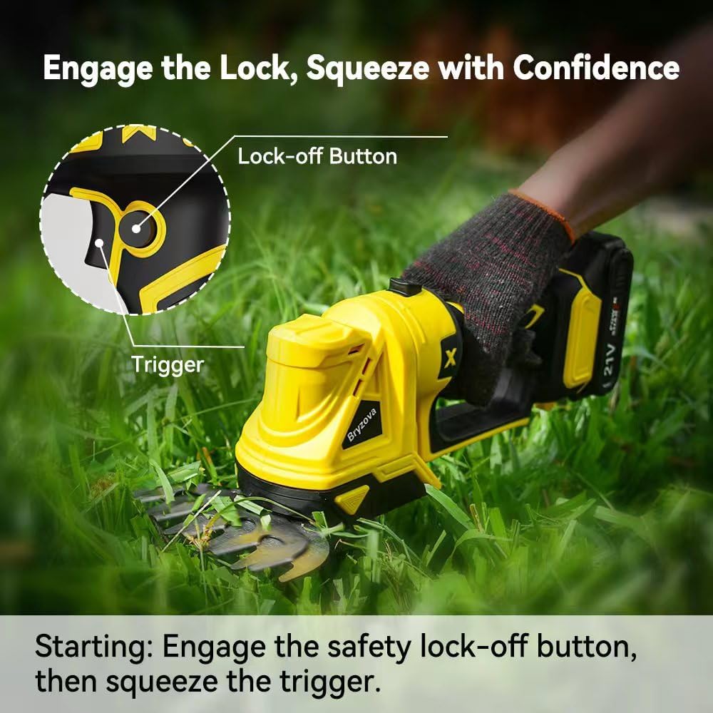 Hand holding Bryzova trimmer, pointing to lock-off button and trigger