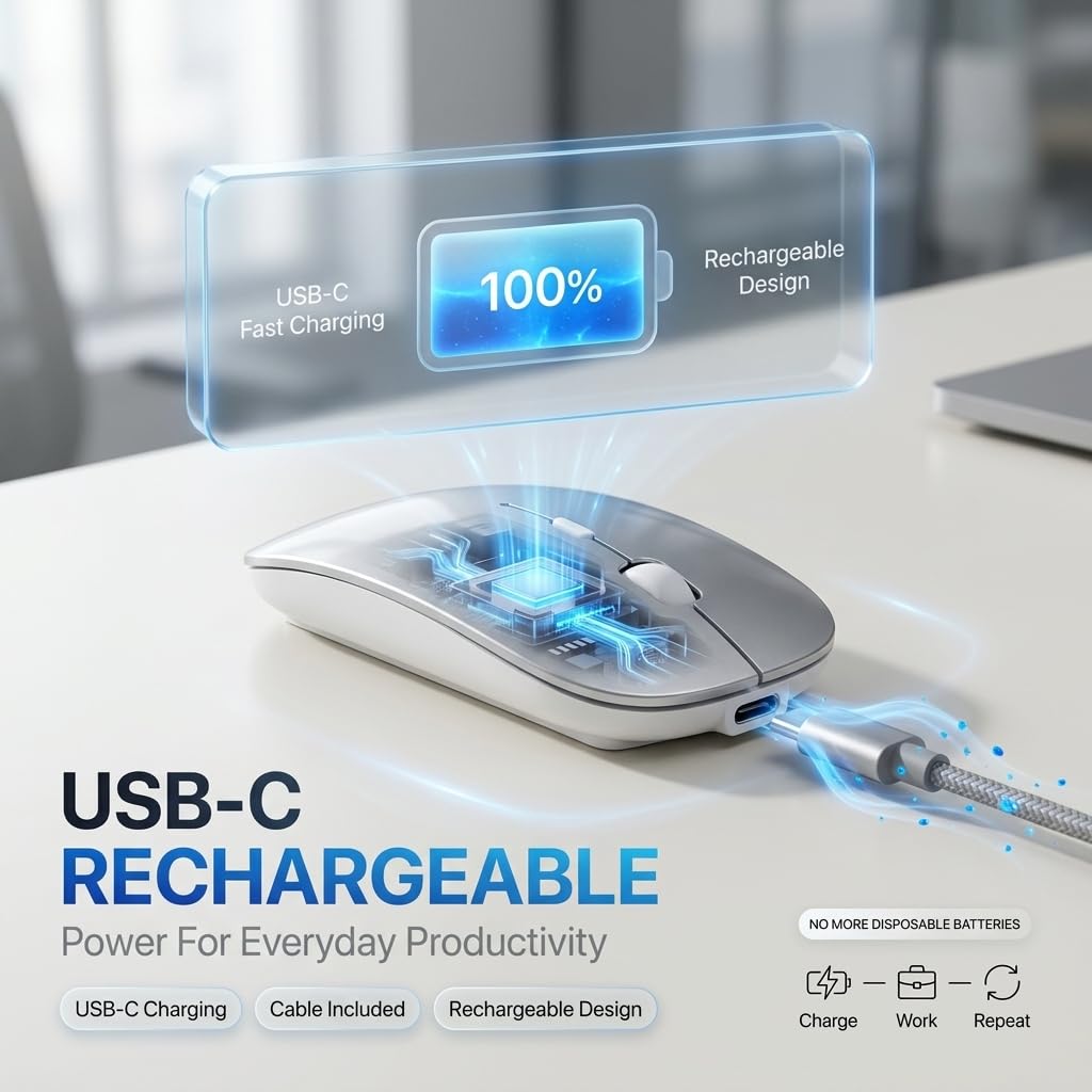 Mouse wireless Bluetooth con modalità Jiggler, mouse silenzioso ricaricabile per MacBook Air/Pro PC portatile, multi-dispositivo BT5.2/BT3.0 e ricevitore USB-A/USB-C 2.4G, mouse ottico ergonomico con