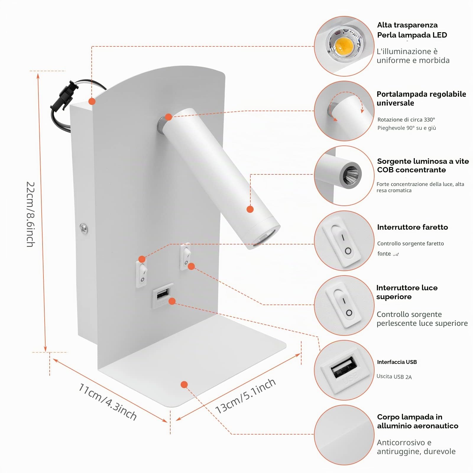 Lampada da Lettura a LED Supporto per Pentole Applique da Parete a LED, 2 pz eReader da Comodino con Interruttore e Porta di Ricarica USB, Illuminazione Ambiente Camera da Letto Faretto