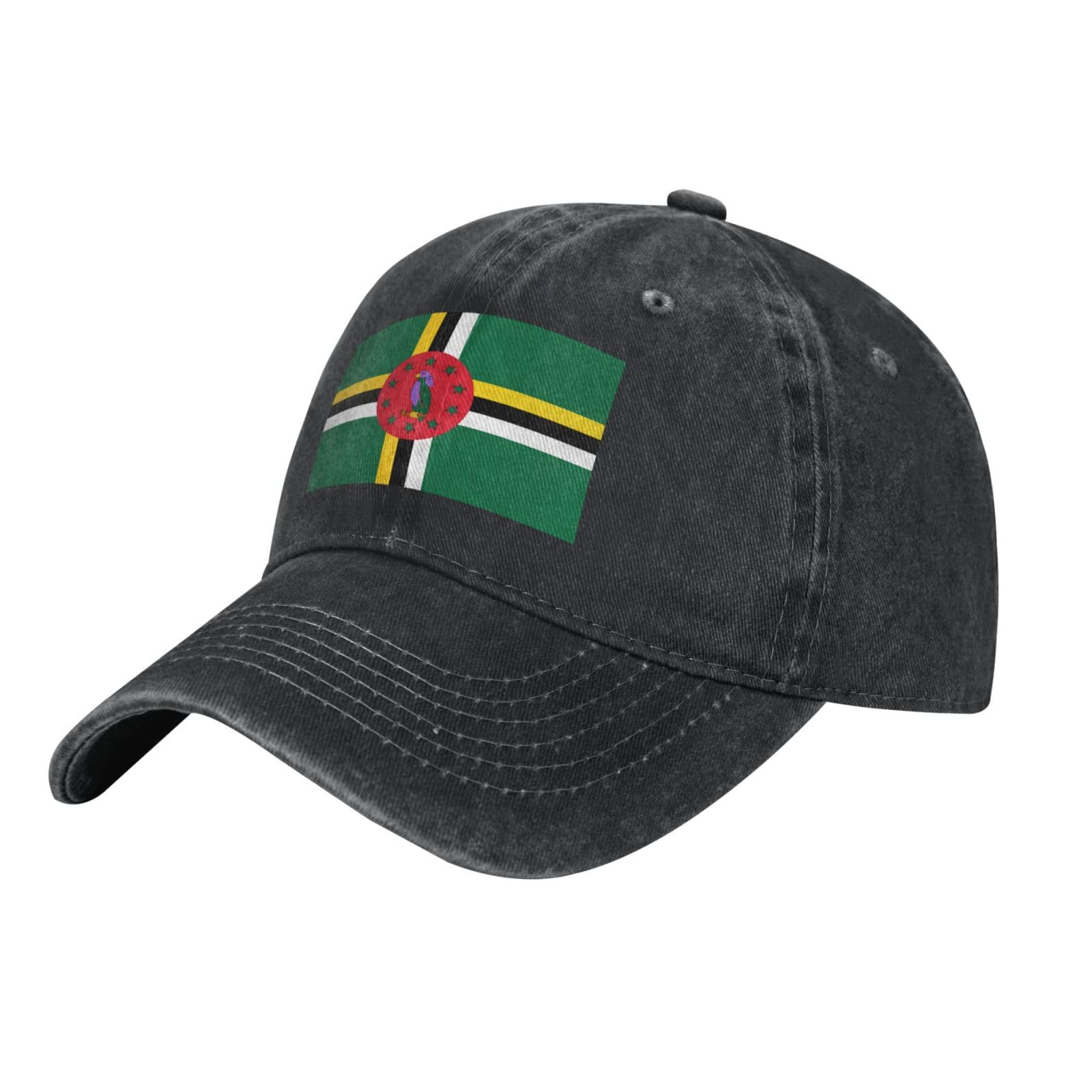 Beirijl Unisex Black Flag Of The Commonwealth Of Dominica Washed Cowboy Baseball Cap For Adults - Stylish And Breathable Hat With Adjustable Strap, One Size