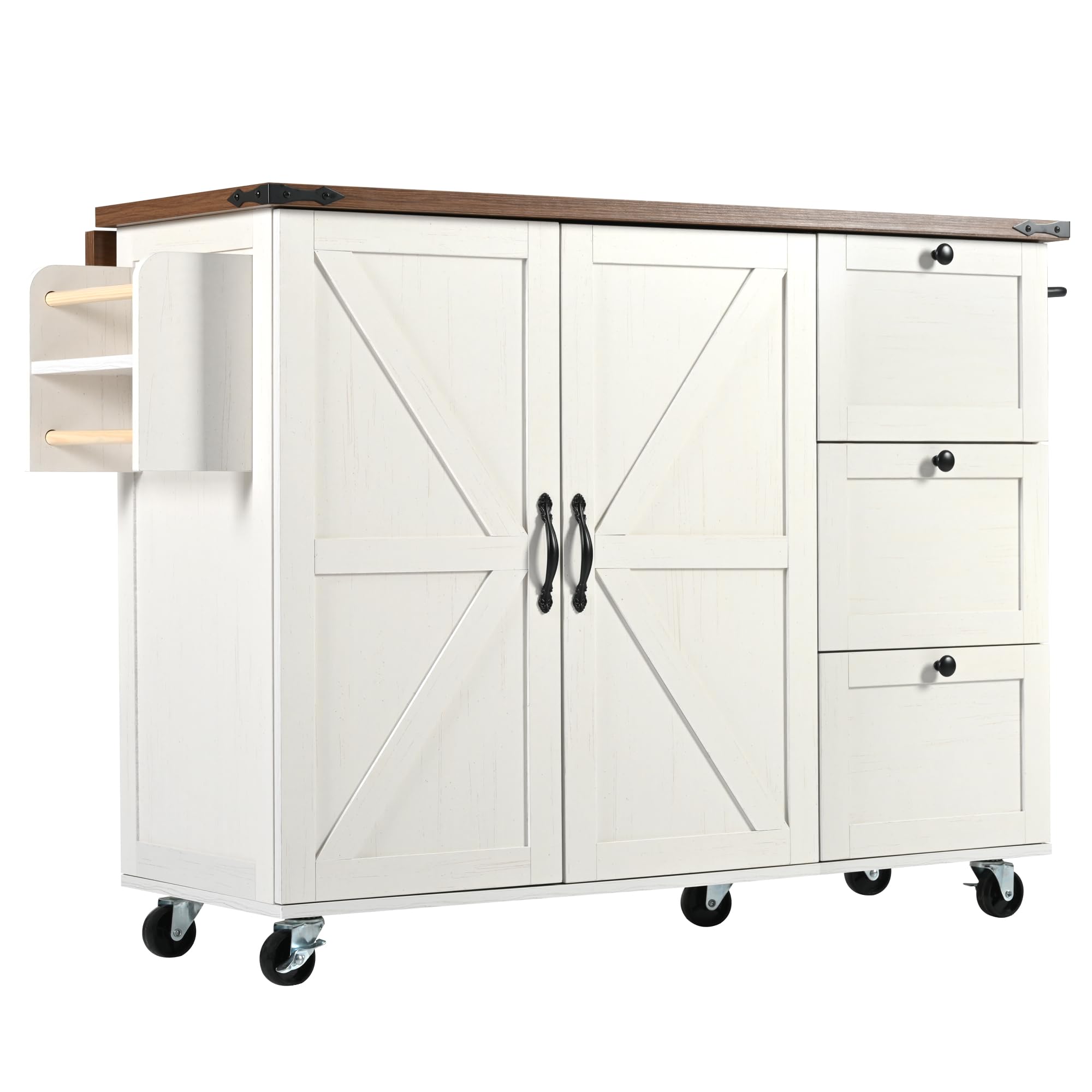 Oyemige Kitchen Island on Wheels, Rolling Kitchen Trolley with Extendable Worktop, Storage Serving Cart, Kitchen Cabinet with Towel Rack, 2 Sliding Doors and 3 Drawers, 140x45-73x94cm (White-B)