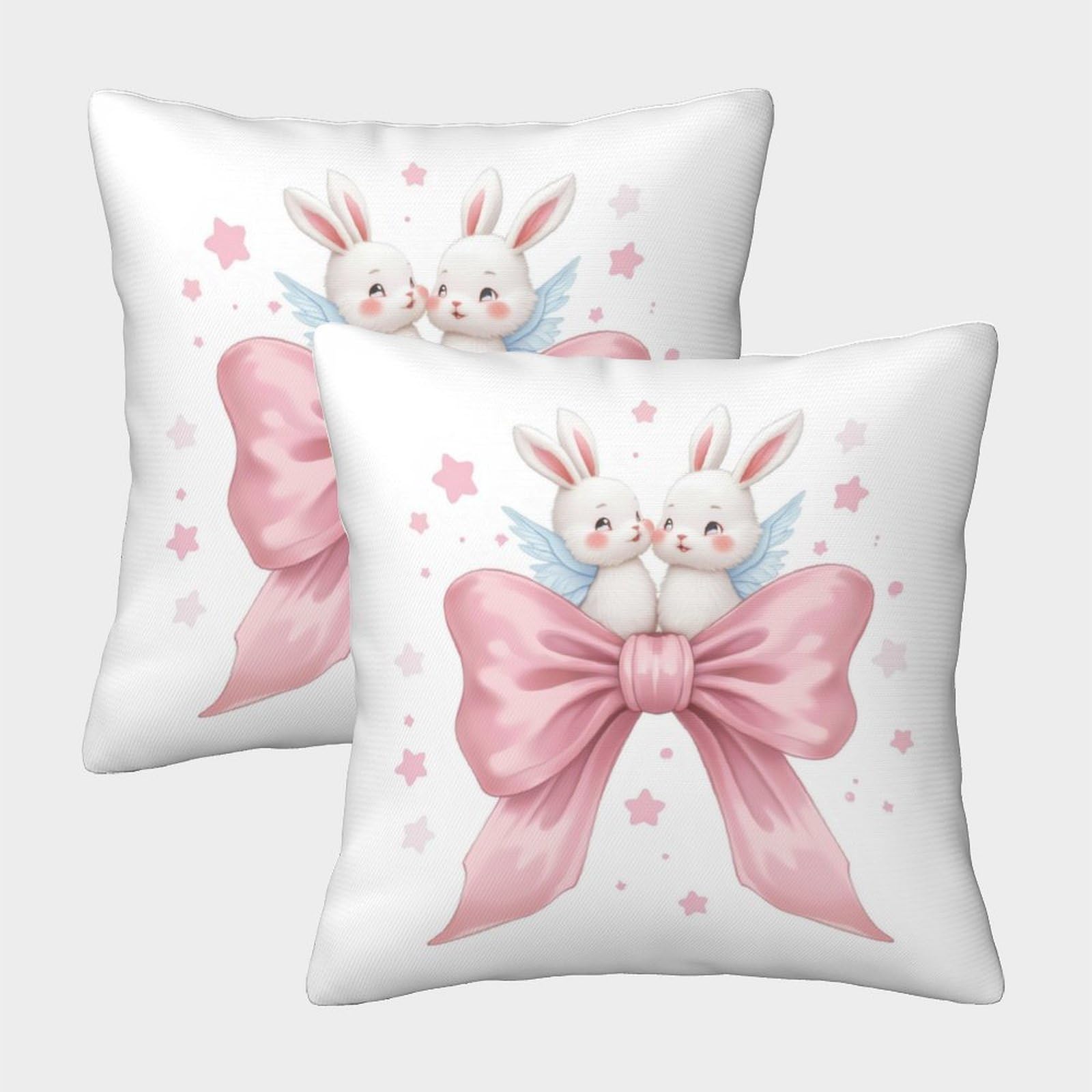 QFVANSIYO Cute Bunny Bow 3D Printed Pillowcase Microfiber Bedding Decor Rabbit Ears Pillow Cover for Adults Teens Bedroom Soft Breathable 40x40cm