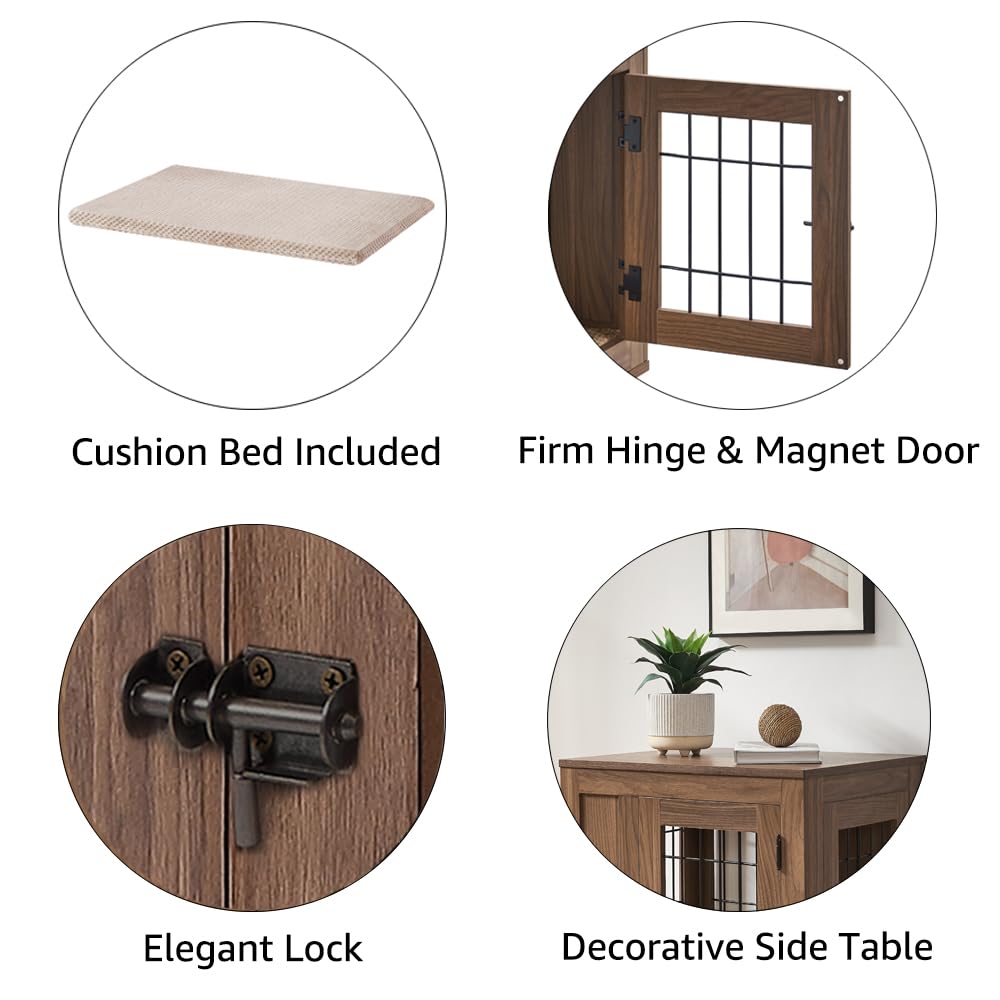 unipaws Mobili stile gabbia per cani con cuscino, cuccia in filo di legno con doppia porta, per uso interno (piccola, noce)