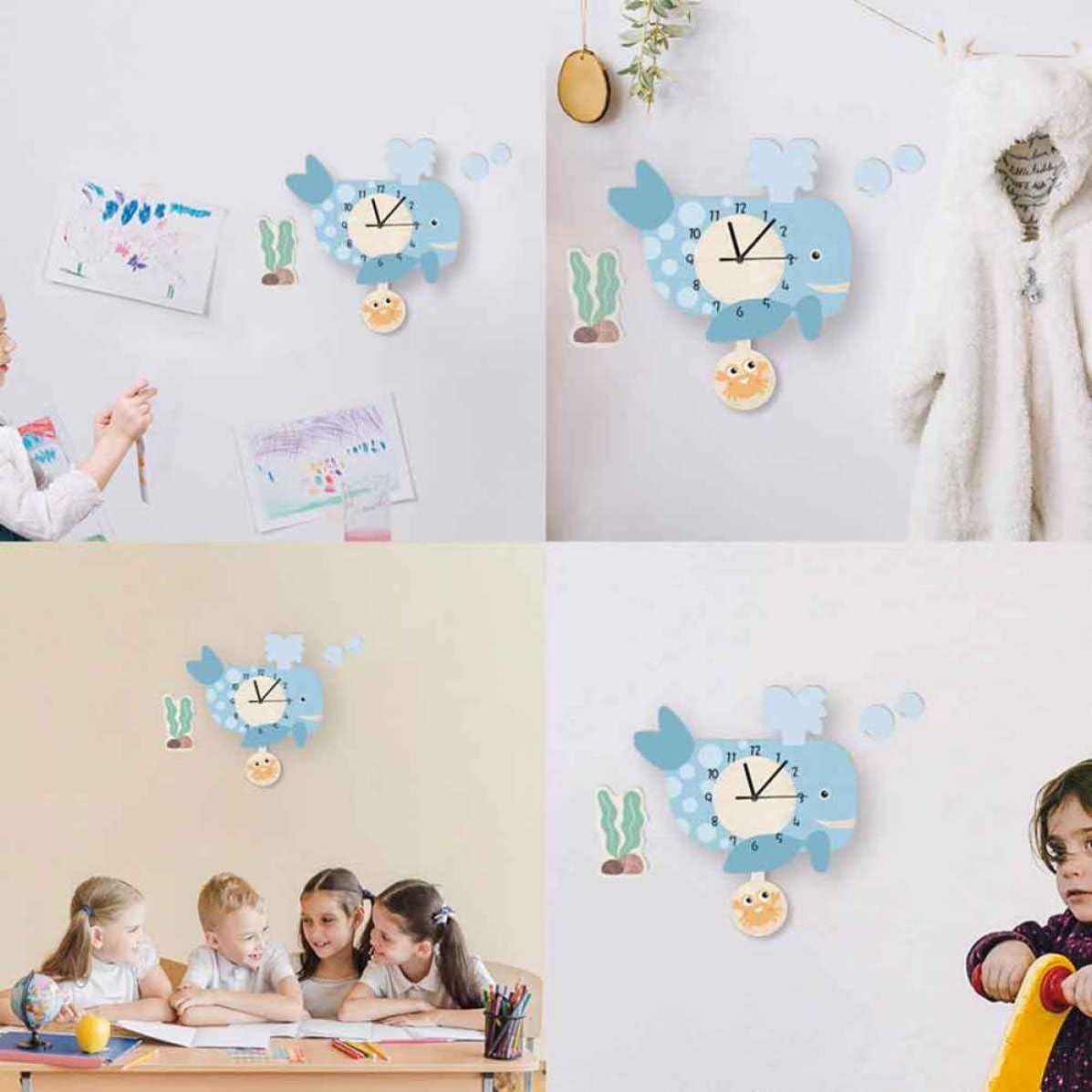 Reloj de Pared Infantil en Forma de Ballena, Silencioso, Ecológico, Adorno para Salón, Dormitorio y Aula, Fácil de Colgar, Diseño Original para Hogar