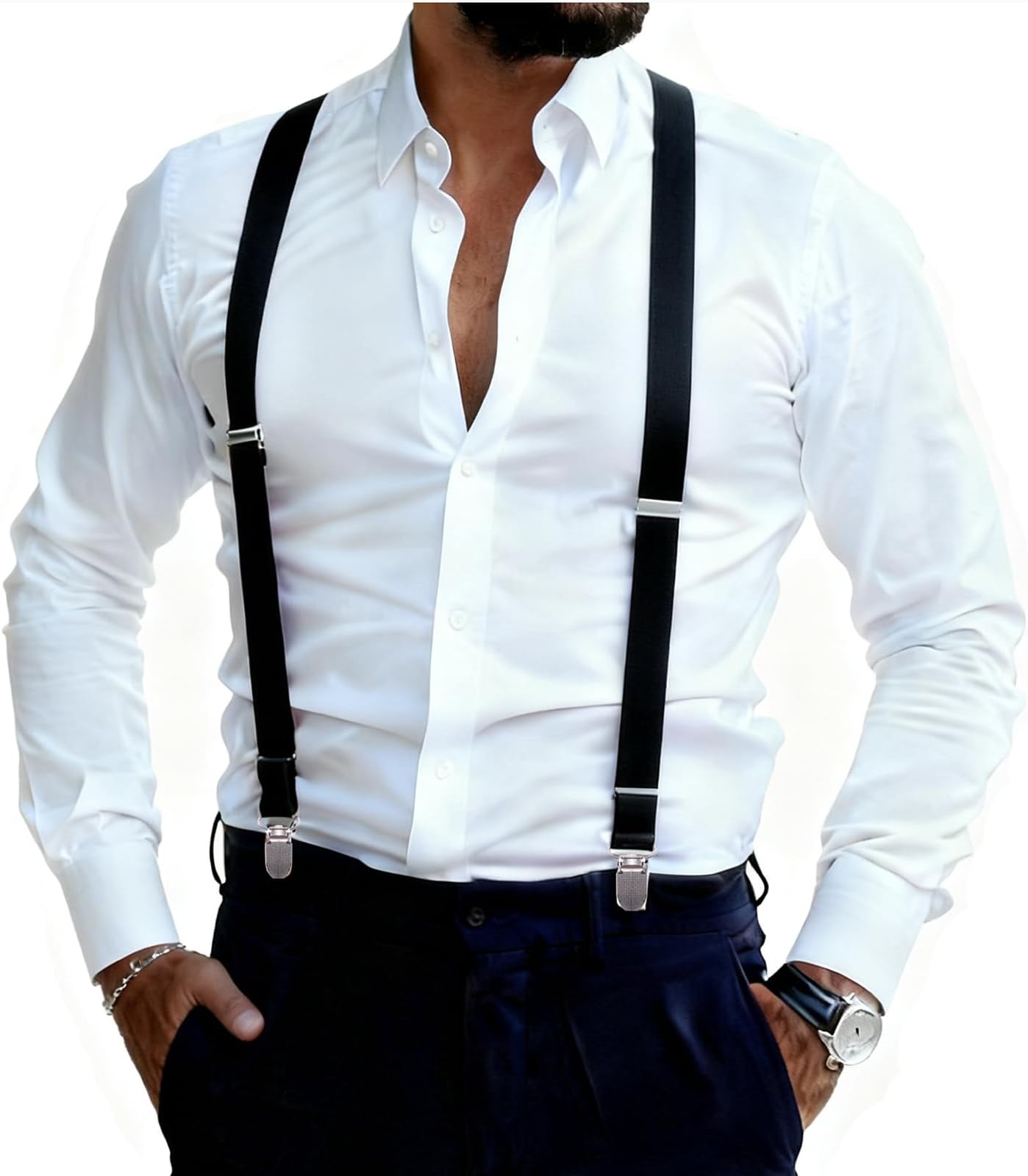 GUCHOL Suspenders for Men and Women Adjustable Elastic 1 inch Wide Leather Heavy Pants Strong Metal Clips Suspender Costume