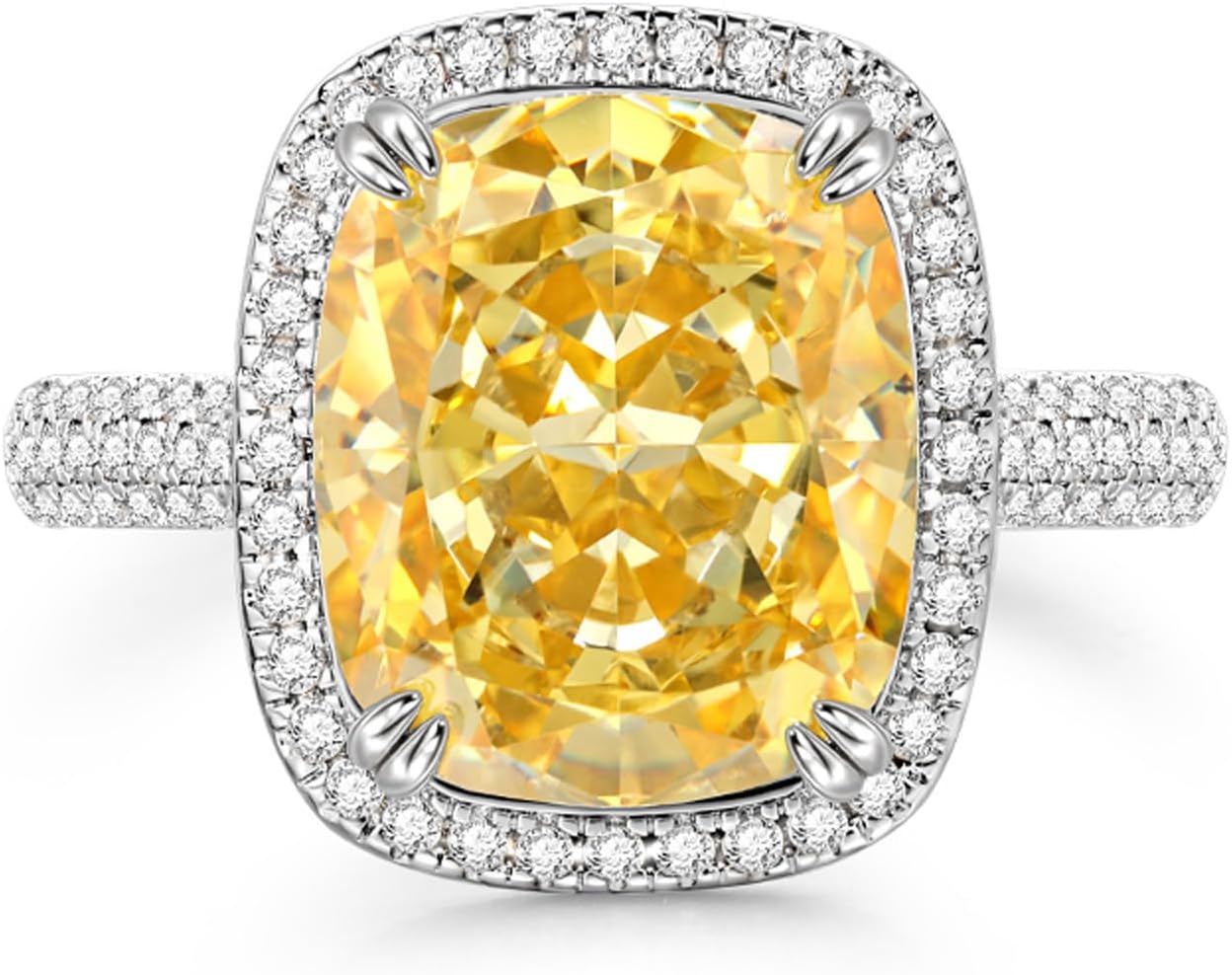 Jeulia 9.7ct Halo Fat Oblong Engagement Ring for Women; Sterling Silver Citrine Yellow Solitaire Wedding Ring Band Diamond Bridal Set Anniversary Promise Jewelry with Gift Box