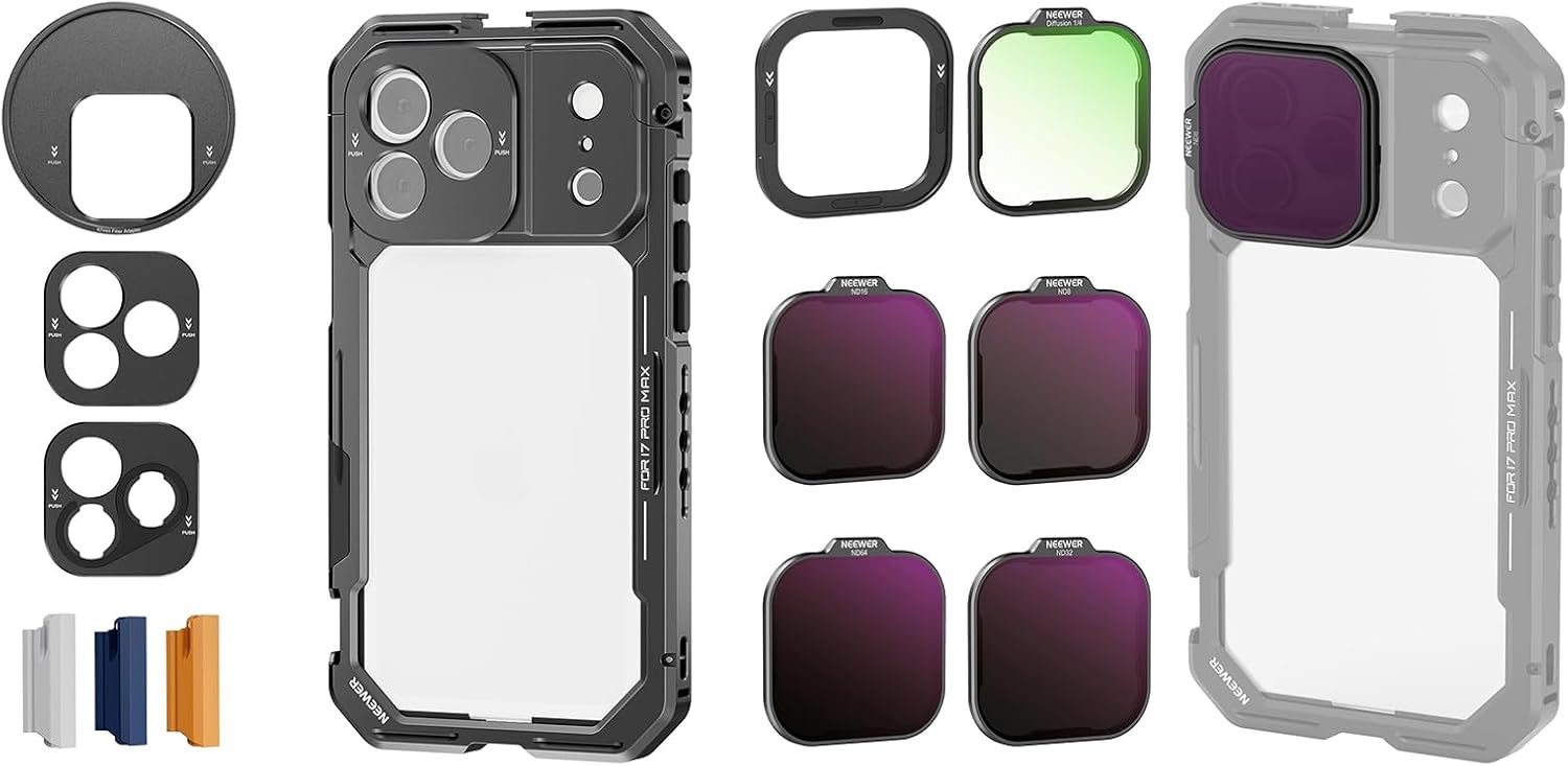 NEEWER PA144 Phone Cage Compatible with iPhone 17 Pro Max + ND & Black Diffusion1/4 Filter Set for PA143/PA144 Phone Cage Only, Quick Release Video Rig Stabilizer Accessories, Black