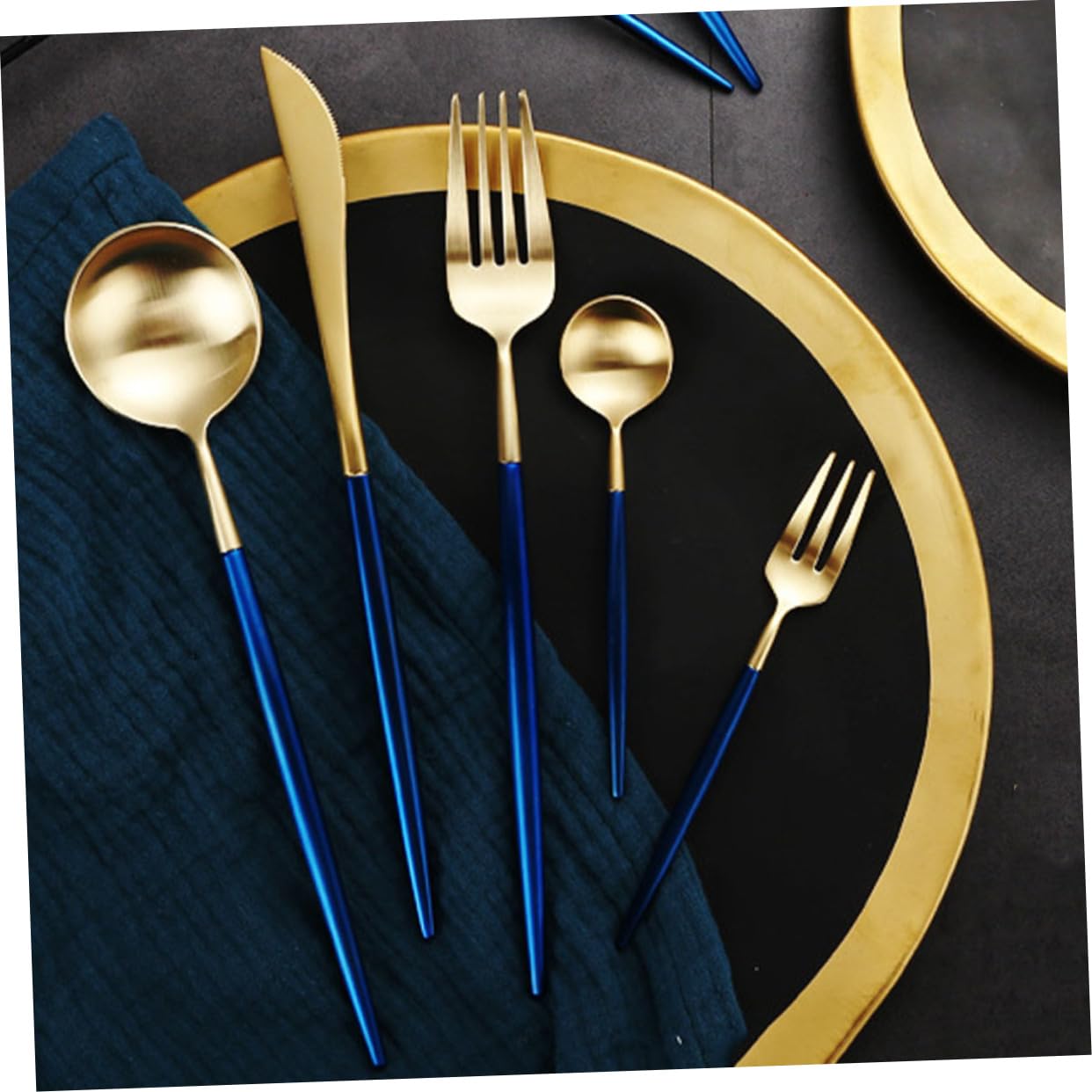 Juego de Cubiertos de Acero Inoxidable 1 Set, Tenedor de Cena | Diseño Clásico Moderno, Azul y Dorado, Uso en Boda y Celebraciones, Agarre Firme y Limpieza Fácil