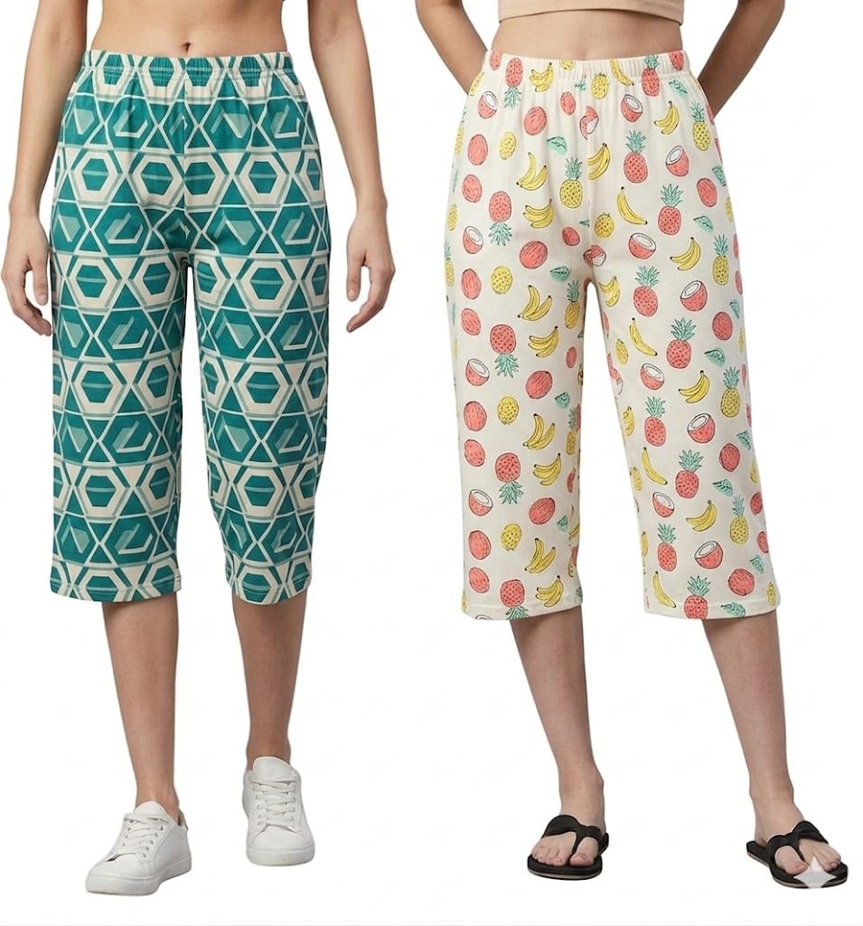 Casual Printed Capri Pants for Women, Regular Fit Night Pants, PAck of 2(Prints and Colors may Vary)-image-47