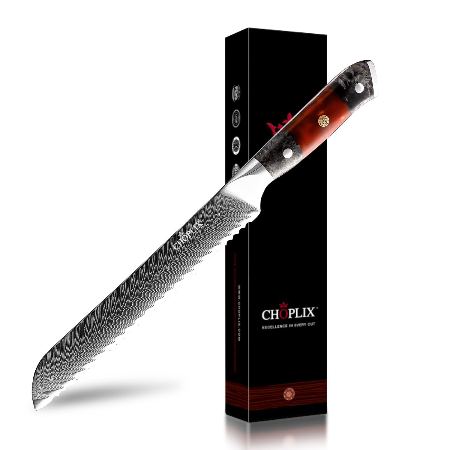 EmberSharp Series 8-inch Bread Knife 67 Layers Damascus Steel Blades with Solidified Wood & Red Resin Handles, Professional Kitchen Knives, Rust Resistant Design, Versatile for All Cooking Needs