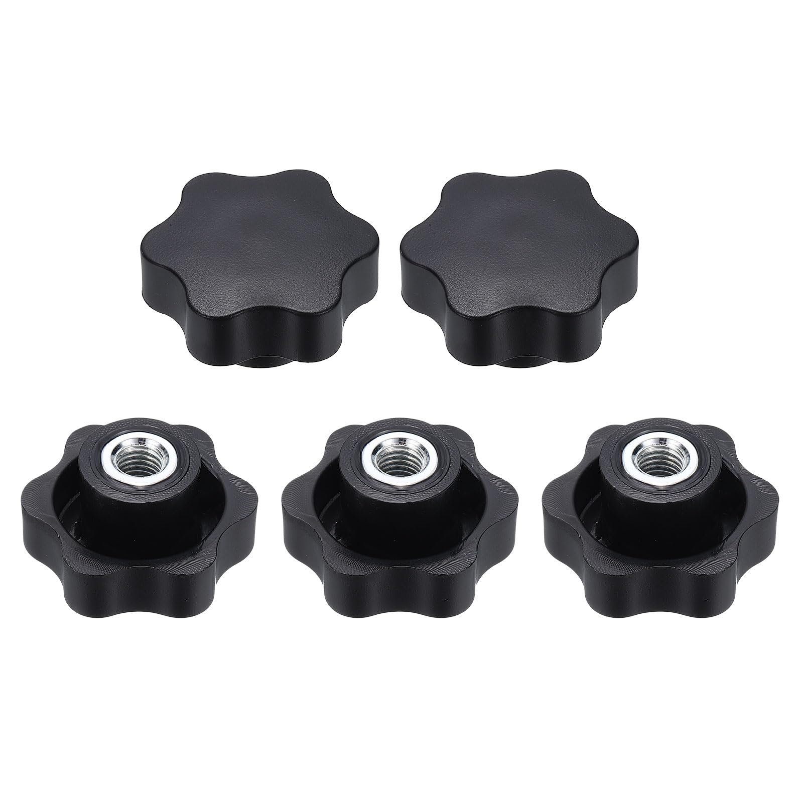 sourcing map 5pcs Star Clamping Nuts M10 Female Thread 48mm 6-Point Plastic Head Iron Insert Non-Through Hole Screw-in Threaded Knob Hand Tightening Clamping Handles, Black