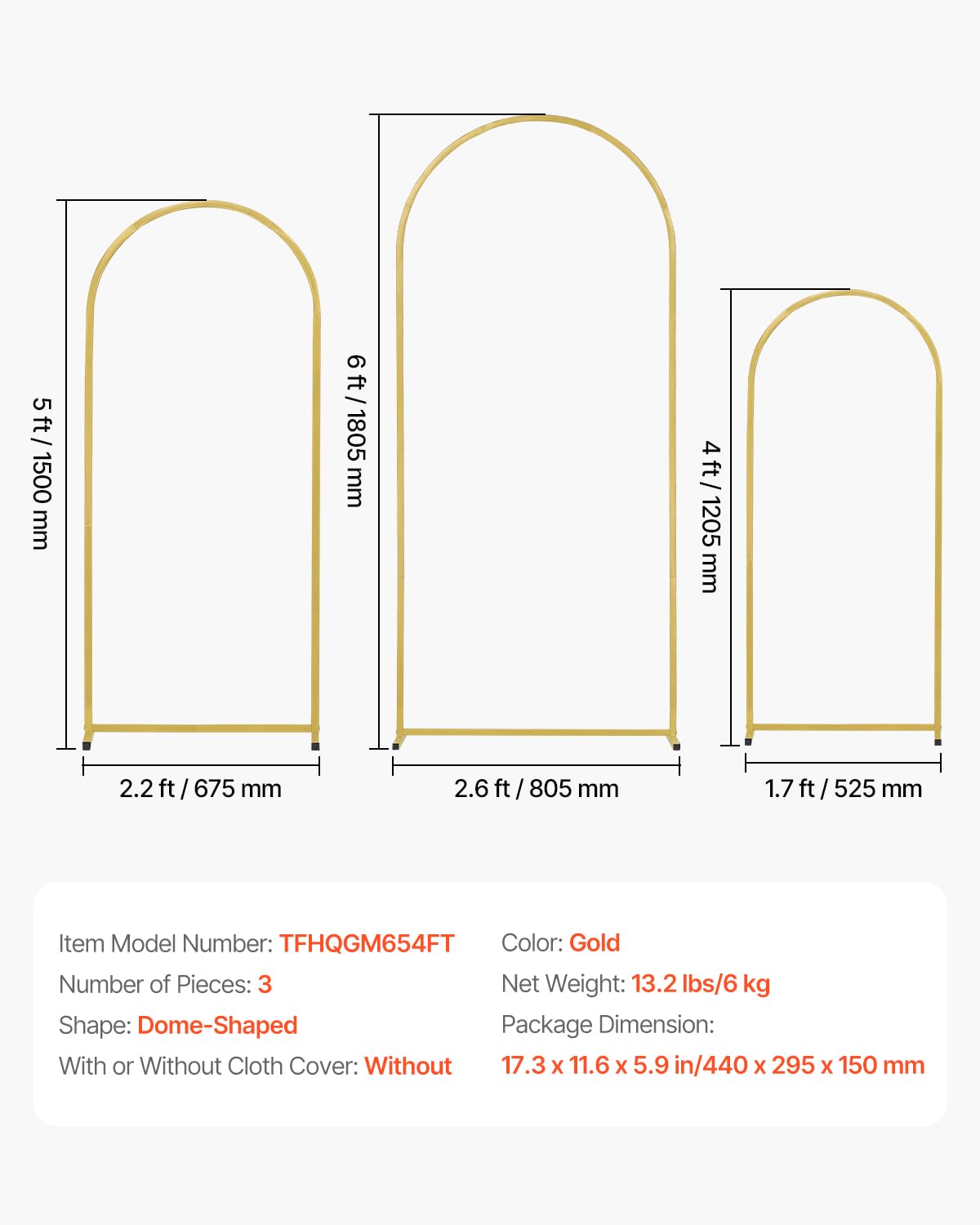 VEVOR Support de Fond Arche de Mariage, Lot de 3, Support Stable Métal, 1805 mm, 1500 mm, 1205 mm, Barre Transversale de Châssis, Facile à Assembler, pour Anniversaire, Célébration, Cérémonie, Doré
