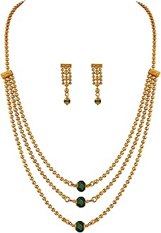 JFL - Jewellery for Less Traditional Ethnic One Gram 3 Layer Gold Plated Beaded Chain with Green Onyx Stone Long Necklace Set with Earring for Women and Girls,Valentine