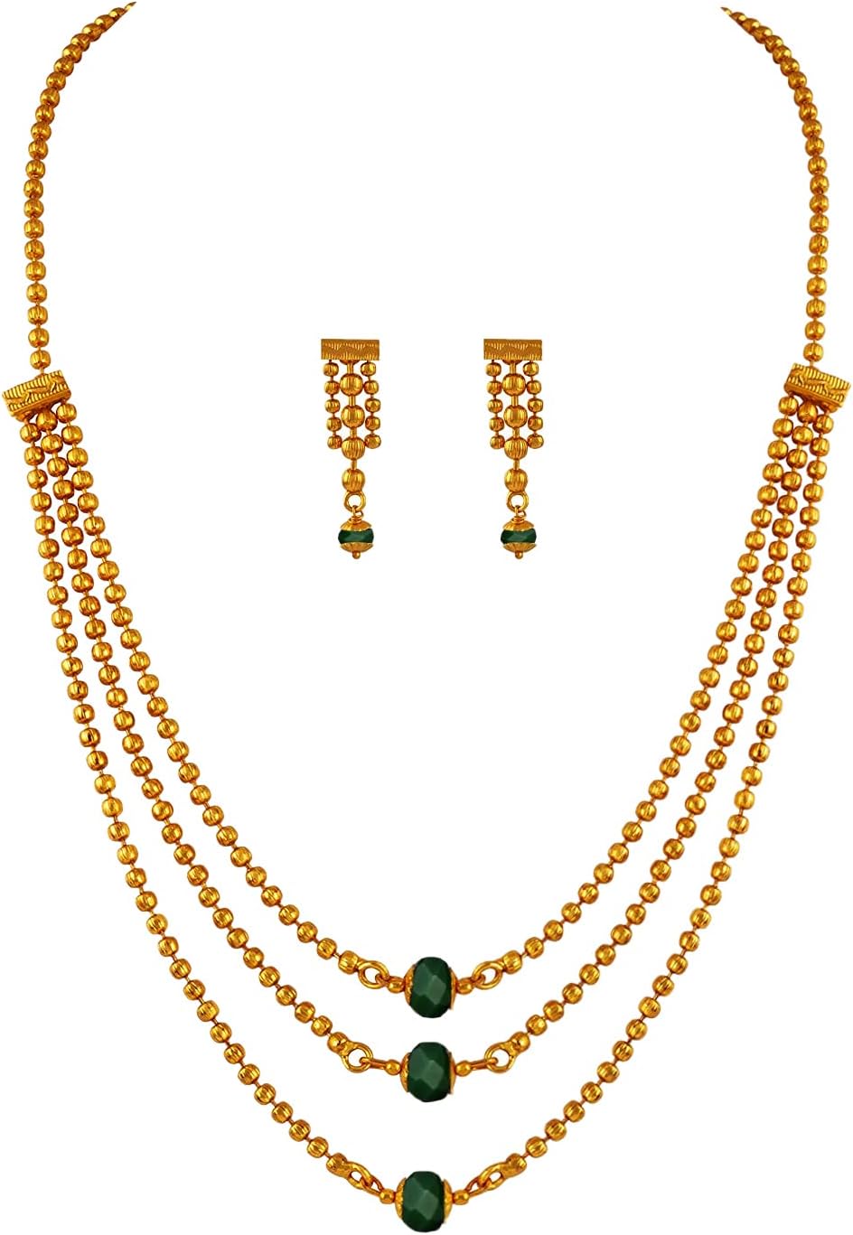 JFL - Jewellery for Less Traditional Ethnic One Gram 3 Layer Gold Plated Beaded Chain with Green Onyx Stone Long Necklace Set with Earring for Women and Girls,Valentine