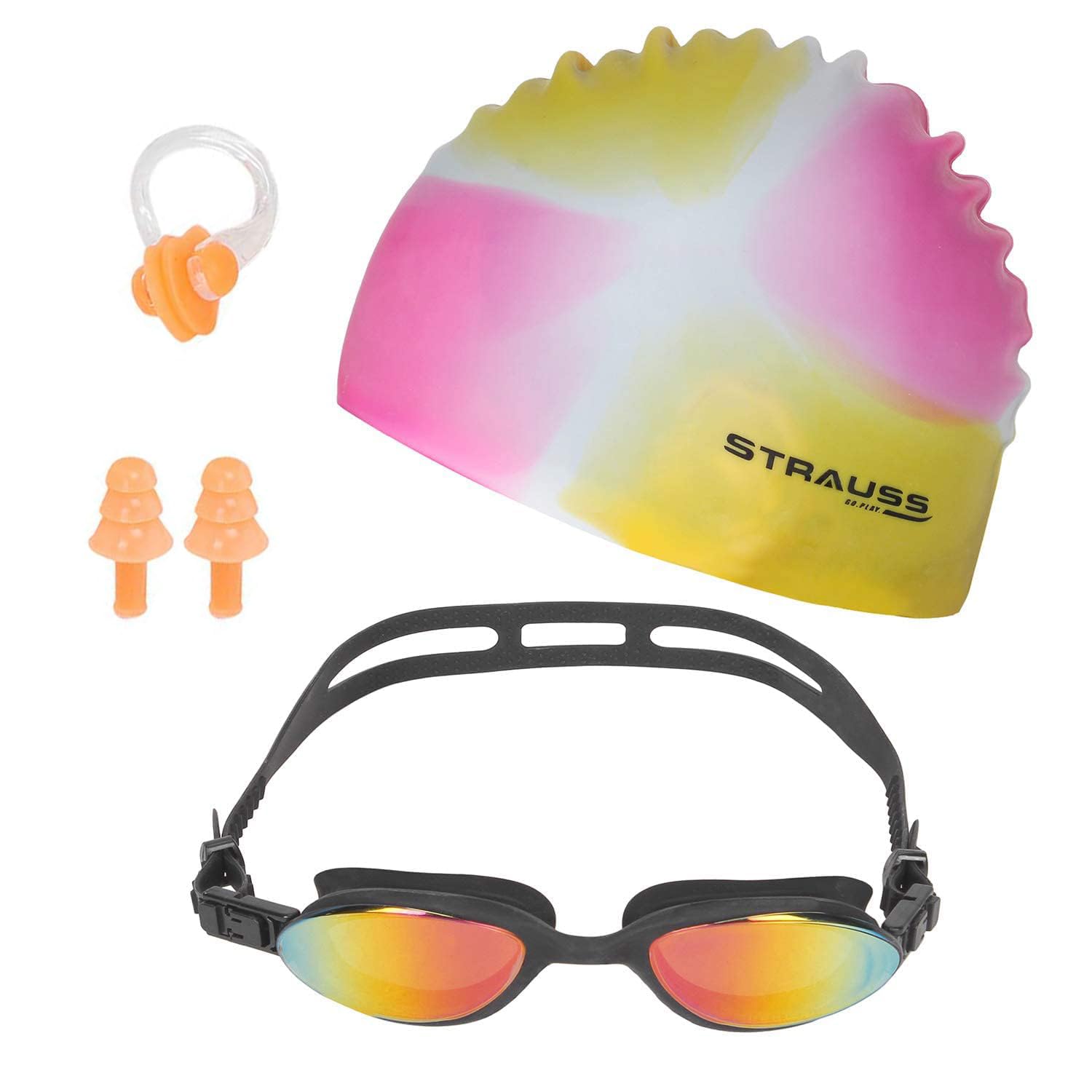 STRAUSS Swimming Set with UV and Anti Fog Protection Goggles, Swim Cap, Earplug and Nose Plug Set - Suitable Swimming Kit for All Age Group | Fully Adjustable | (Multicolor Pink) (B08GFS49PV) Amazon Price History, Amazon Price Tracker