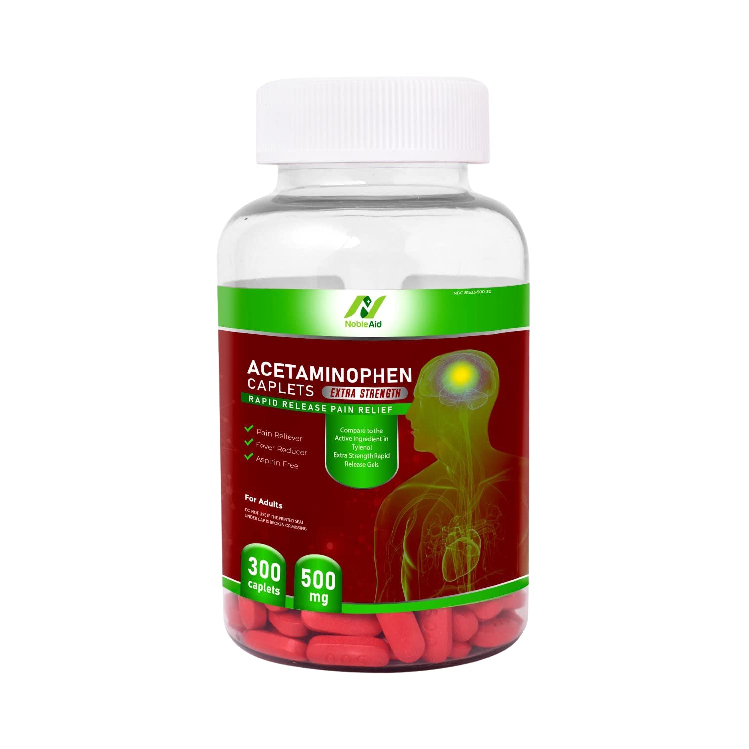 Rapid Release Pain Relief Acetaminophen 500mg 300 Caplets by NobleAid, Acetaminophen Extra Strength 