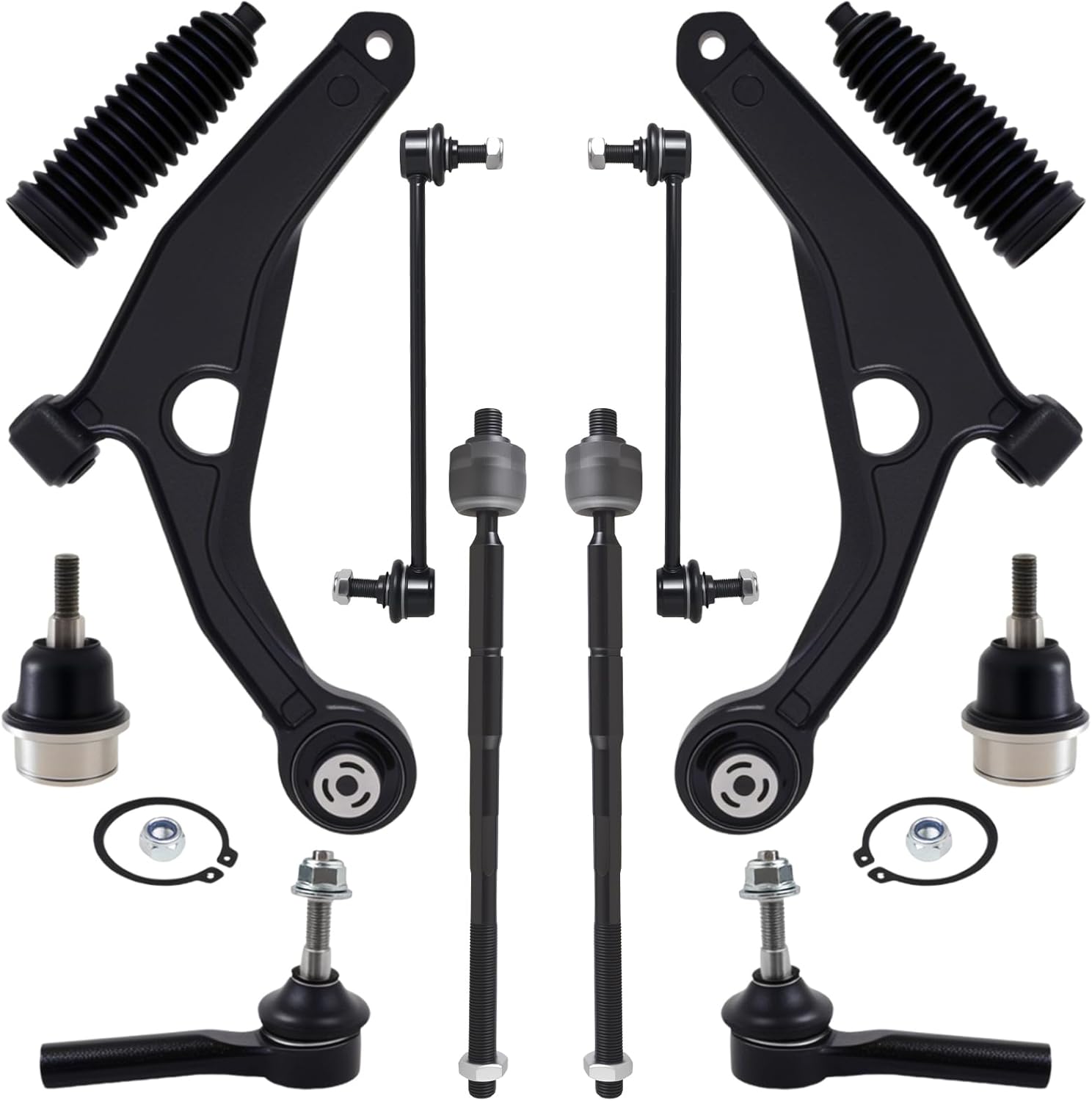 AUQDD 12Pc Front End Suspension Kit Fit For 2009-2020 Do-dge Journey, 2 Lower Control Arm 2 Ball Joint 2 Sway Bar Link 4 Outer Inner Tie Rod End 2 Boots (# K641333 K750382 EV800611 ES800408 K500120) 12Pc (For 09-20 Journey)