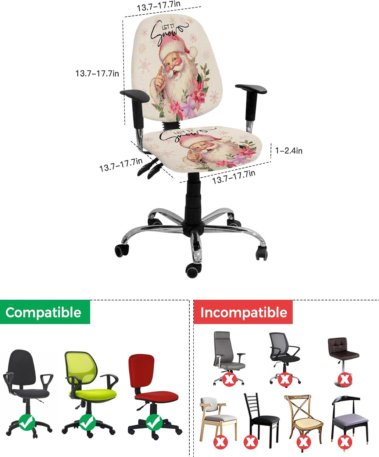 Christmas Santa Office Chair Cover Stretchable Computer Chair Seat Cover Backrest Slipcovers, Blush Pink Gold Snowflakes Winter Red Flower Stretchable Rotating Desk Chair Seat Cushion Split Protectors
