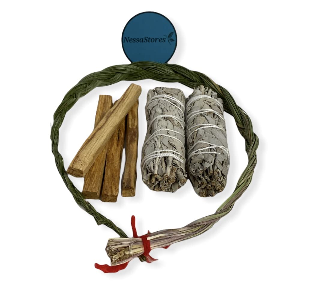 Sweetgrass Braid Smudge Kit + White Sage + Peruvian Palo Santo #JC-222 (1 Kit)