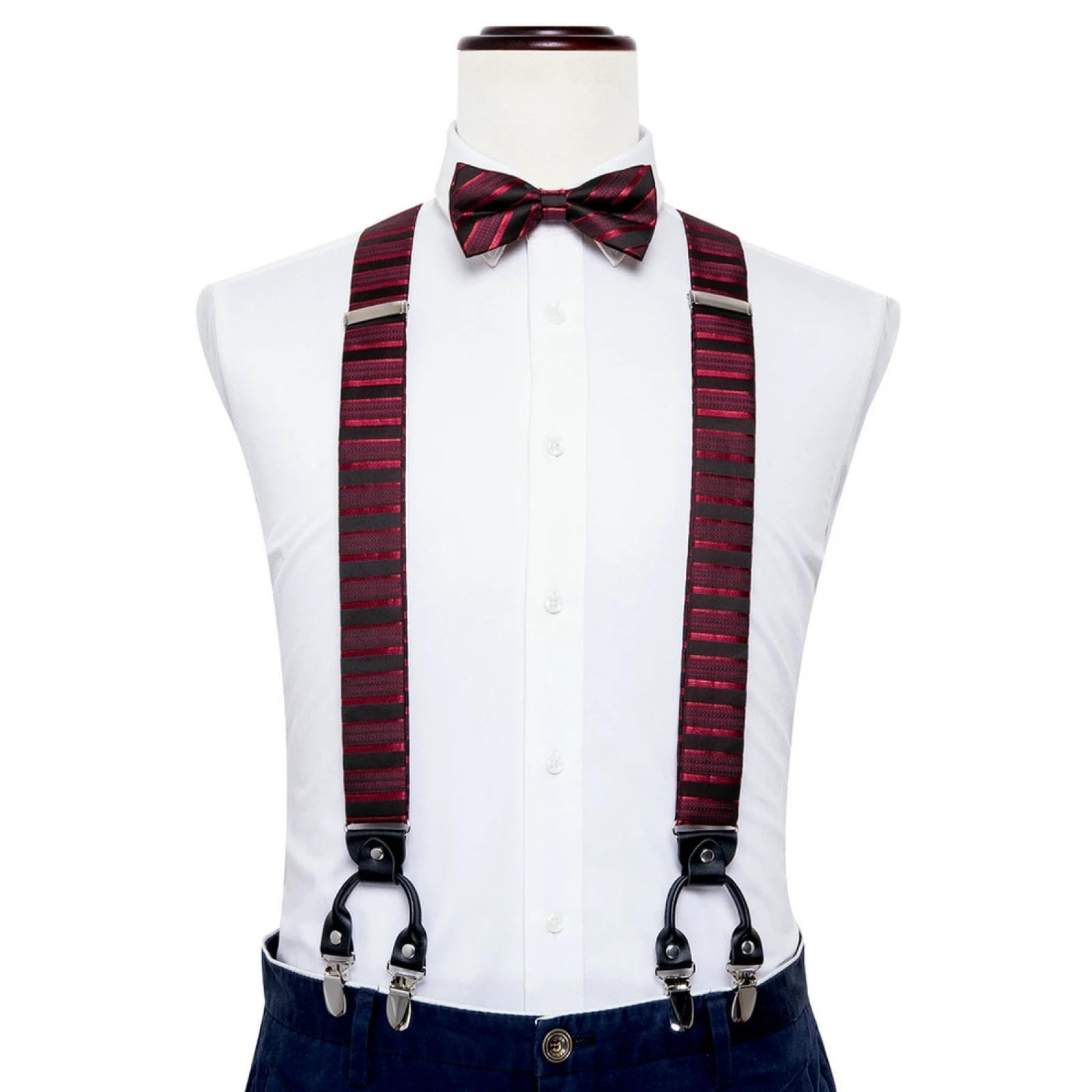 Hosenträger Suspender Gestreifte Hosenträger Für Männer Party Vorgebundene Fliege Einstecktuch Manschettenknöpfe Set Aus Seide Leder Metall 6 Klammern